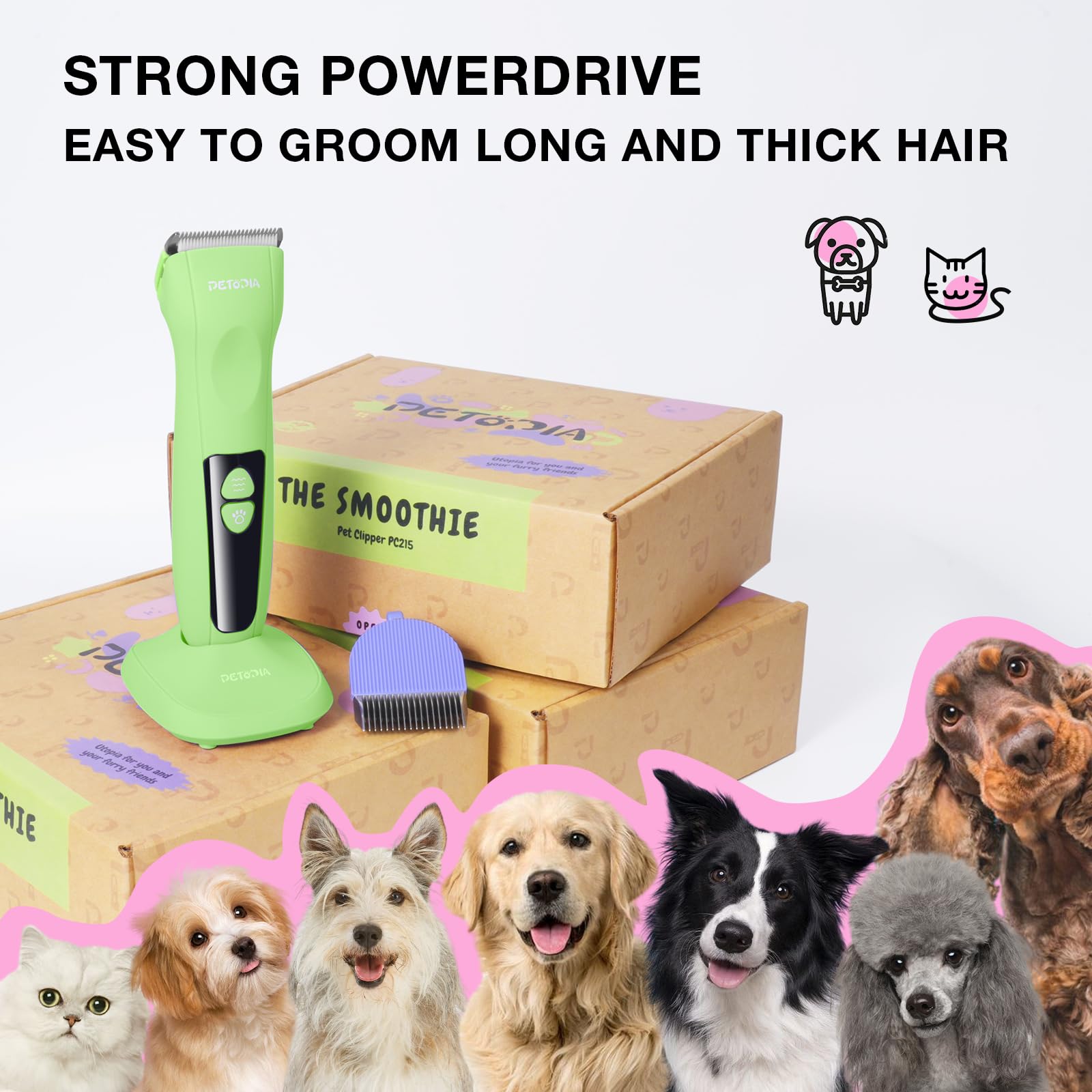 Petopia Dog Clippers - Low Noise Rechargeable Grooming Kit, Cordless with 9mm Blade, Green, Model PC215