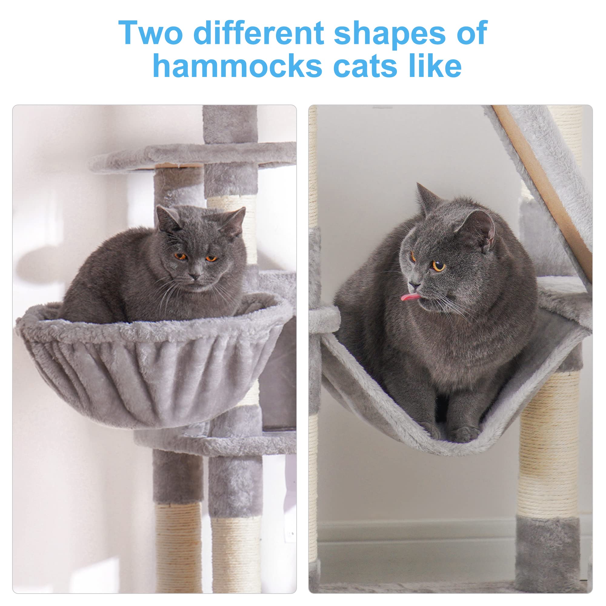 Hey-Brother Cat Tree, 61 Inch Cat Tower For Indoor Cats, Cat House With Padded Platform Bed, Toy Balls, Large Cozy Condo, Hammocks And Sisal Scratching Posts, Light Gray Mpj019W