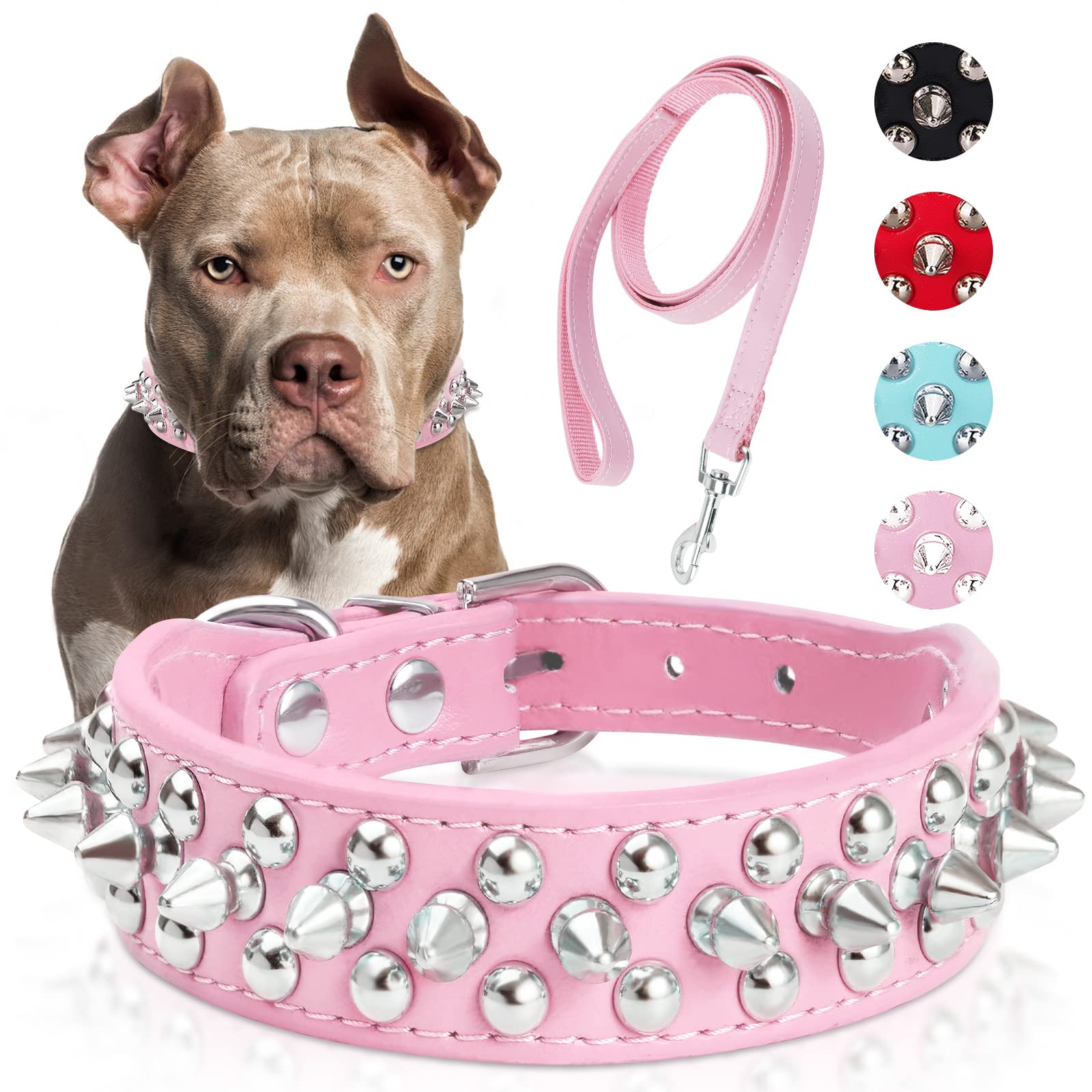 Dog Collars For Medium Dogs With Leash, Epesiri Spiked Dog Collar For Large Dogs, Girl Pink Dog Collar, Studded Rivet Pit Bull L
