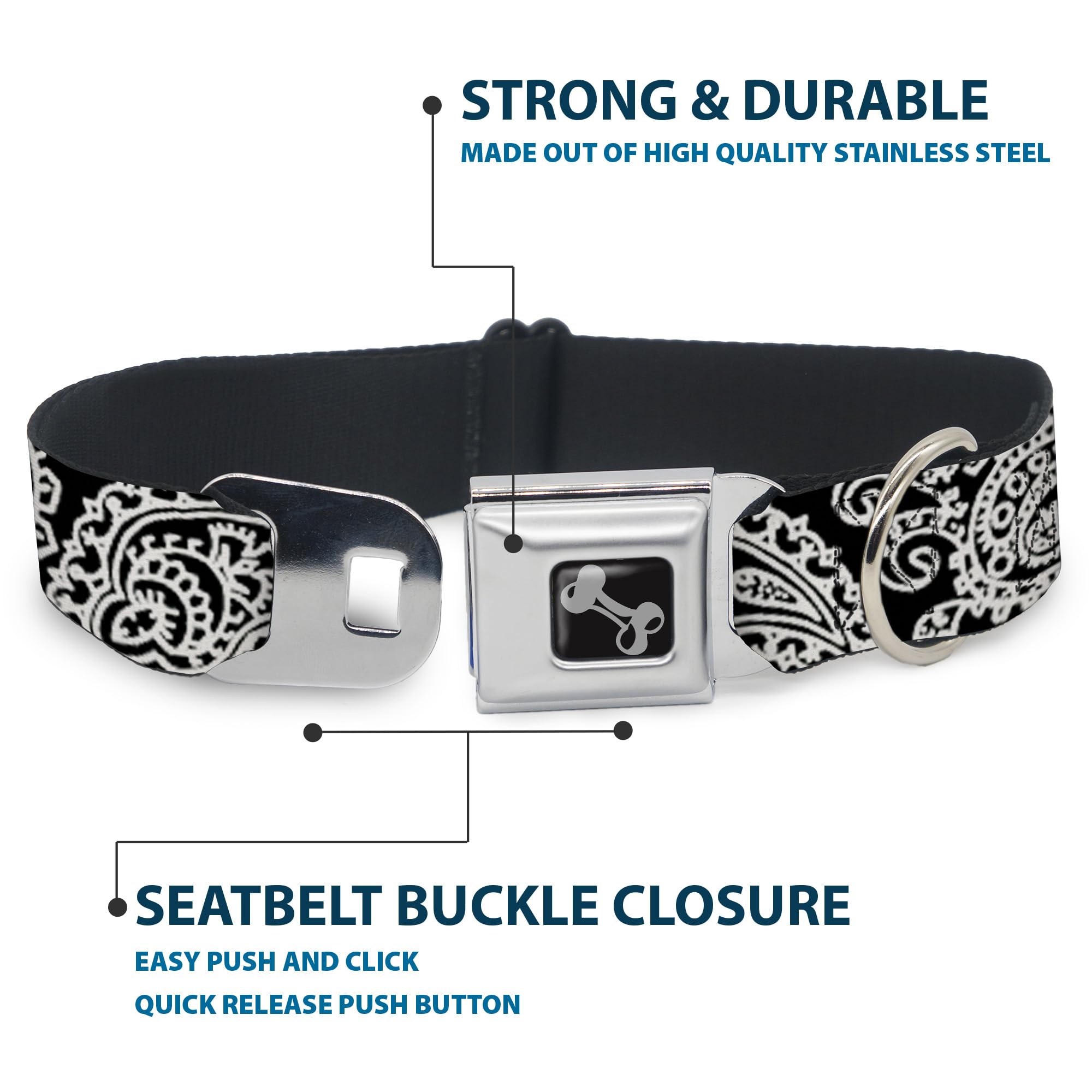 Buckle-Down Seatbelt Buckle Dog Collar - Bandana/Skulls Black/White - 1' Wide - Fits 9-15' Neck - Small