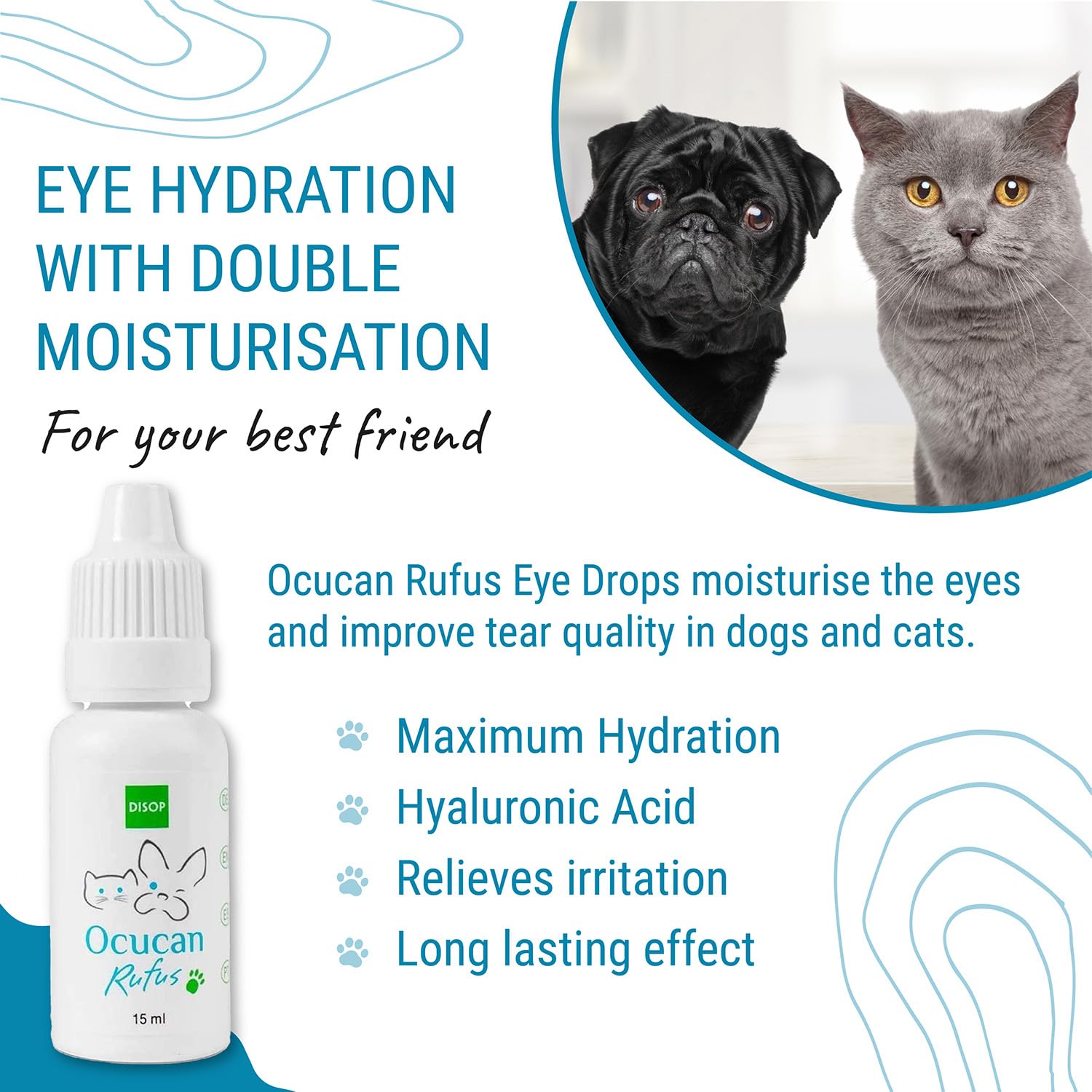 Ocucan Moisturizing Eye Drops for Dogs and cats with Hyaluronic Acid Lubricating Relief Lube for Pets Dry Eyes Multidose 15 ml