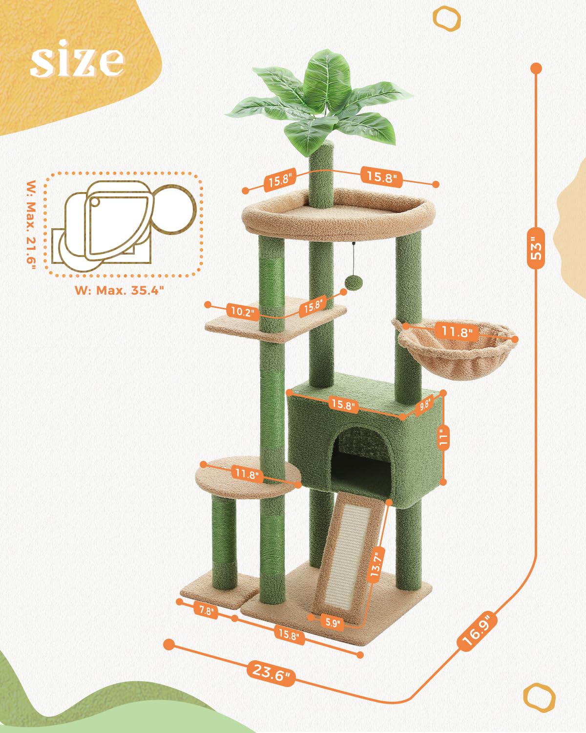 Pequlti 53'' Cat Tree For Indoor Cats, Large Condo, Sisal Scratching Posts, Hammock & Perch, Fresh Cactus Design, Sturdy, Multi-