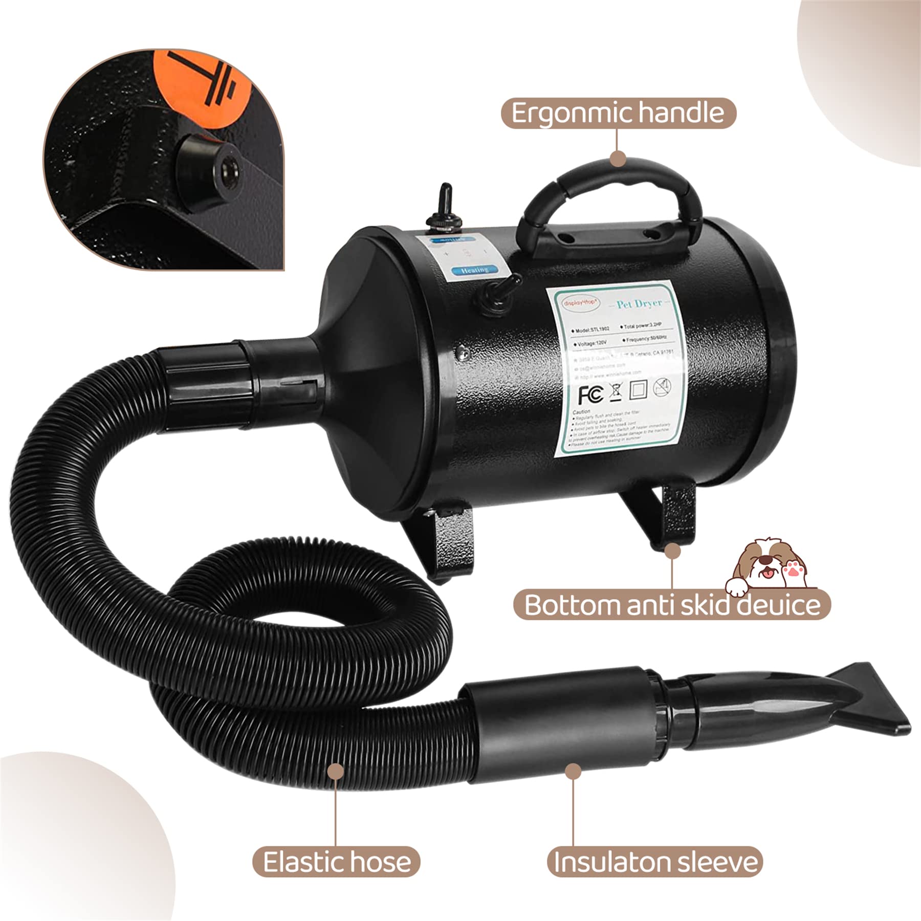 display4top Dog Dryer - 2400W High Velocity Pet Blower with Adjustable Heat & 3 Nozzles - 4 Piece Set - Black