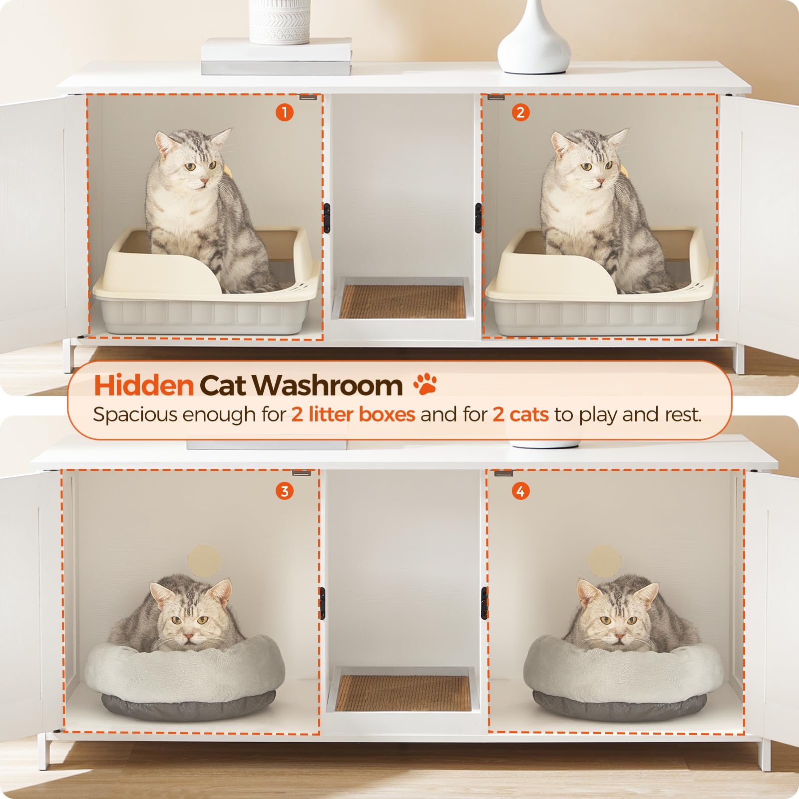 MAHANCRIS Cat Litter Box Enclosure for 2 Cats, 47.2" Wooden Washroom, White, Model 999CWWT1201, Includes Scratching Board