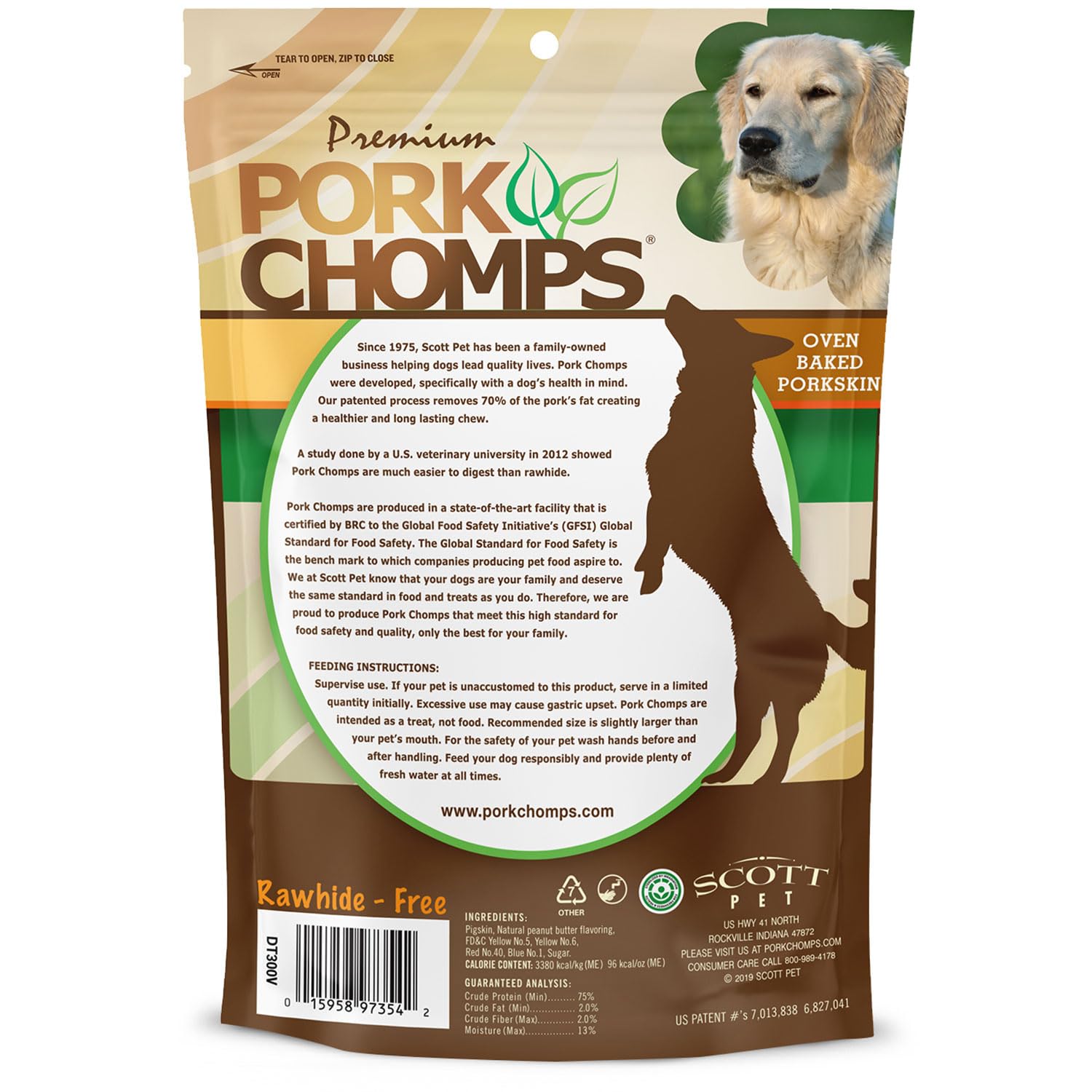 Pork Chomps Baked Pork Skin Dog Chew, 6-inch Twists, Peanut Butter Wrap, 4 Count
