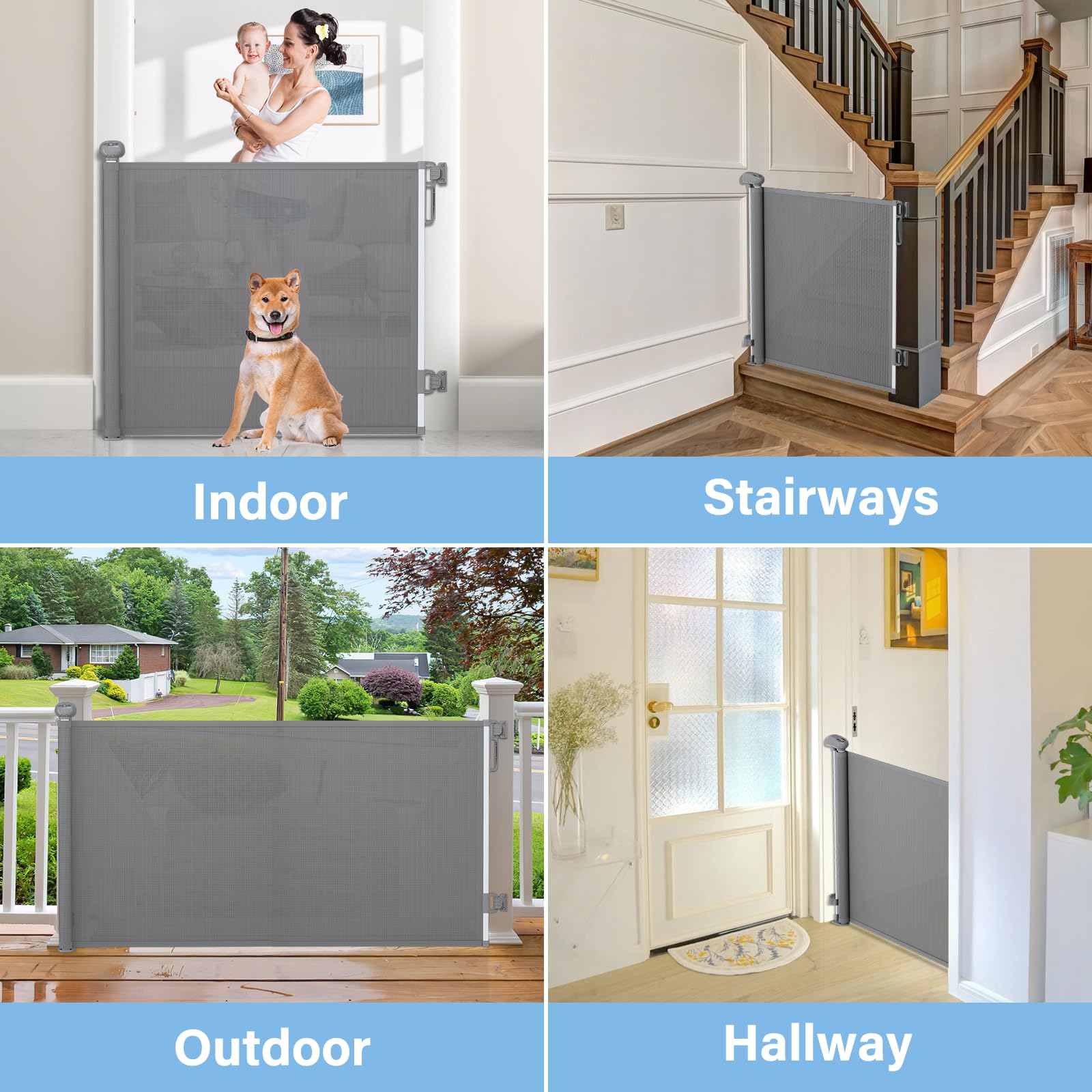 Retractable Baby Gates For Stairs, Probebi Retractable Dog Gate Indoor Extends To 54' Wide 34' Tall, Child Gates For Doorways, Stair Gate Use For Outdoor, Hallways, Doorways, Deck, Porch