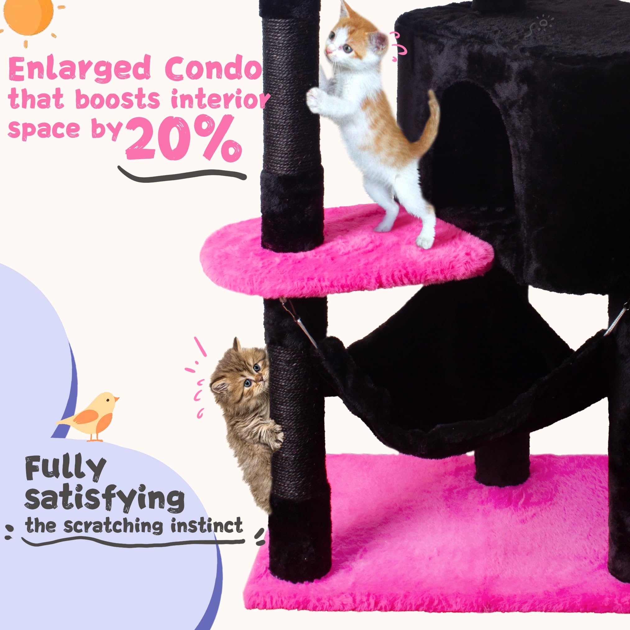 Fantasreen Cat Tree 43'' Black Pink Flower Cat Tower For Indoor Cats Large Cat Scratching Post With Comfy Hammock For Kittens Ad