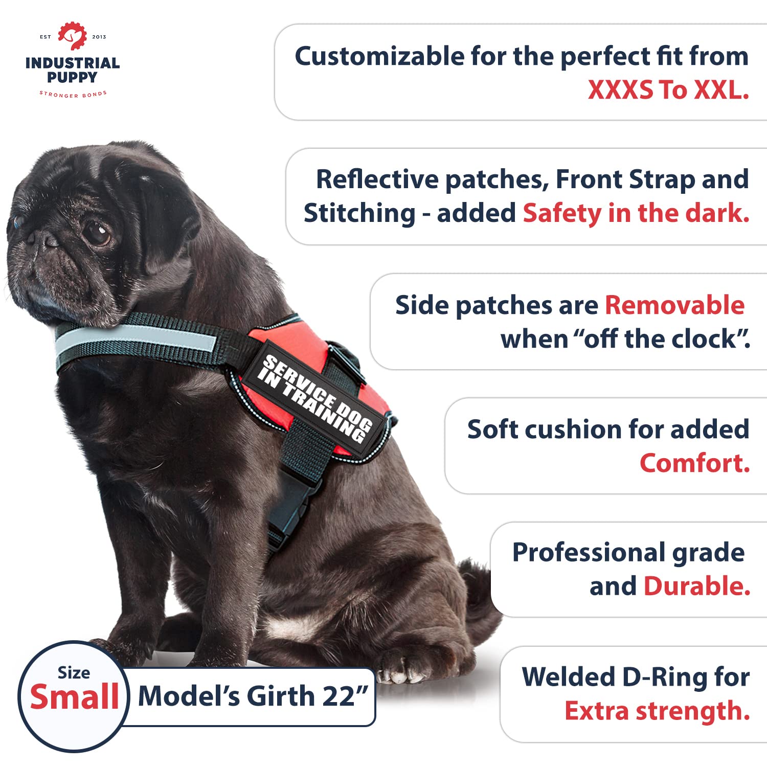 Industrial Puppy Service Dog In Training Vest With Hook and Loop Straps and Handle - Harnesses In Sizes From XXS to XXL - Servic