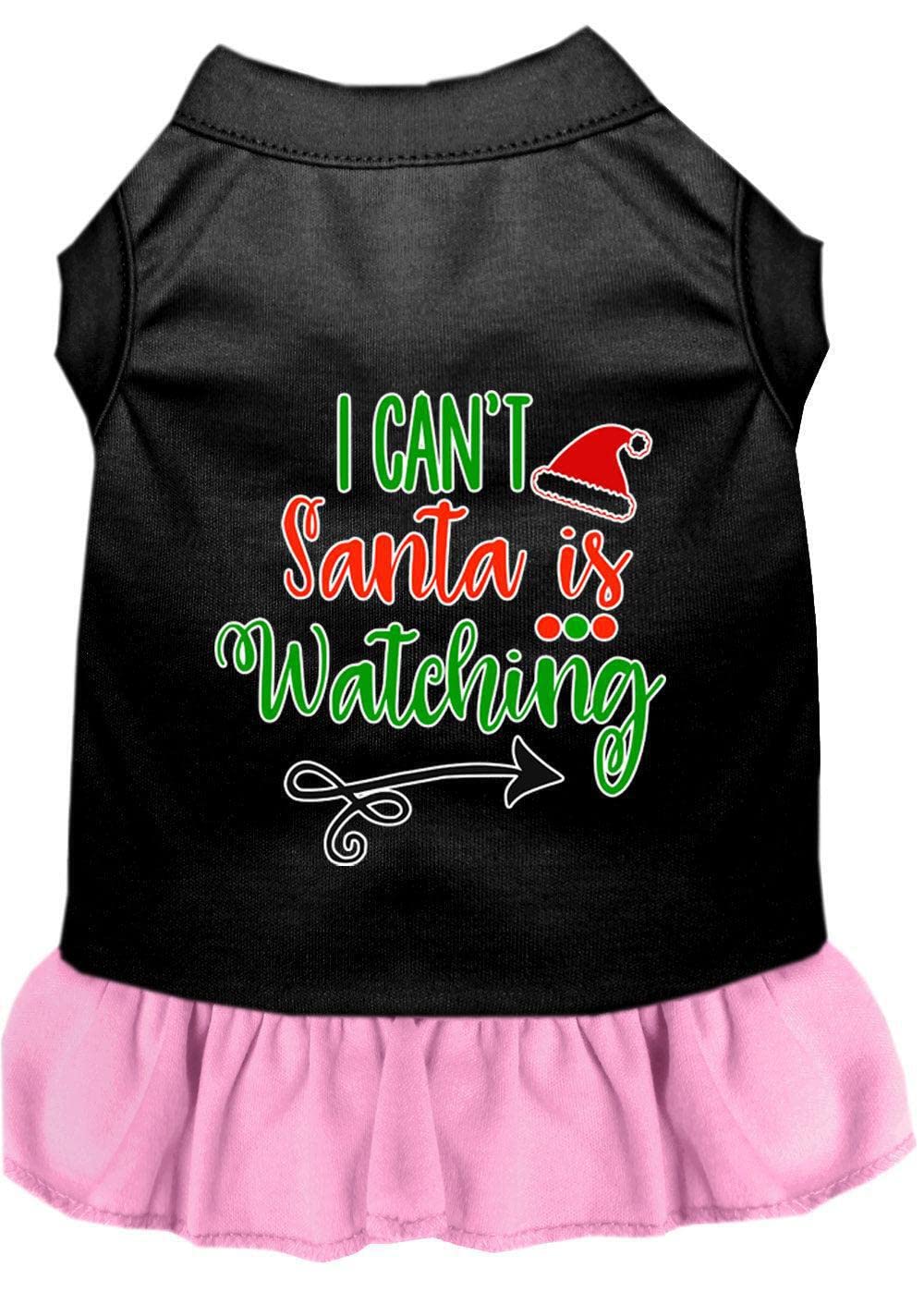 Christmas Pet Dog & Cat Dress Screen Printed, "I Can't, Santa Is Watching" Black W/Light Pink SM (3-6 lbs.)