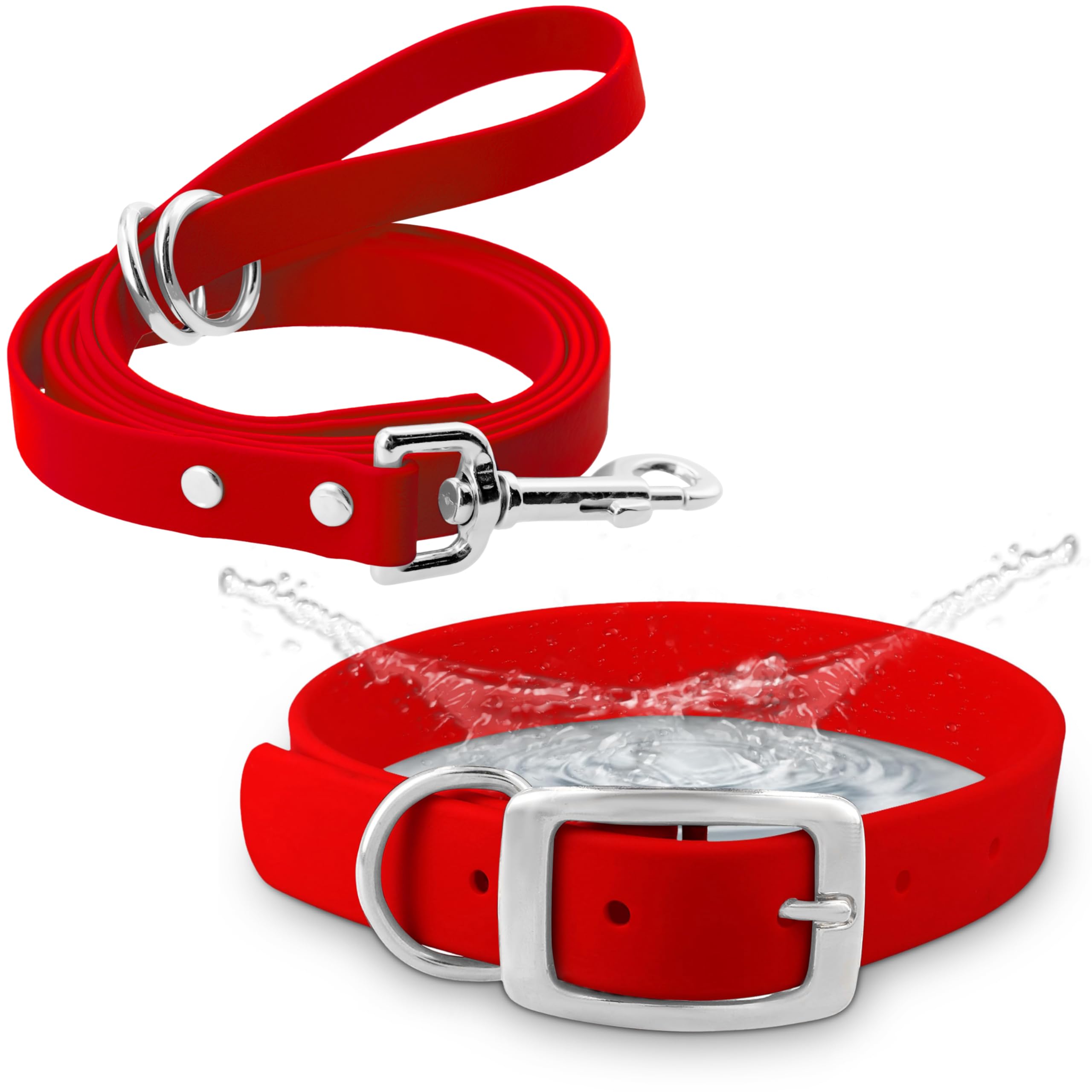 Regal Dog Products Medium Red Waterproof Dog Collar and Leash Set | Heavy Duty Double Buckle & D Ring - 5'ft Leash | Adjustable 