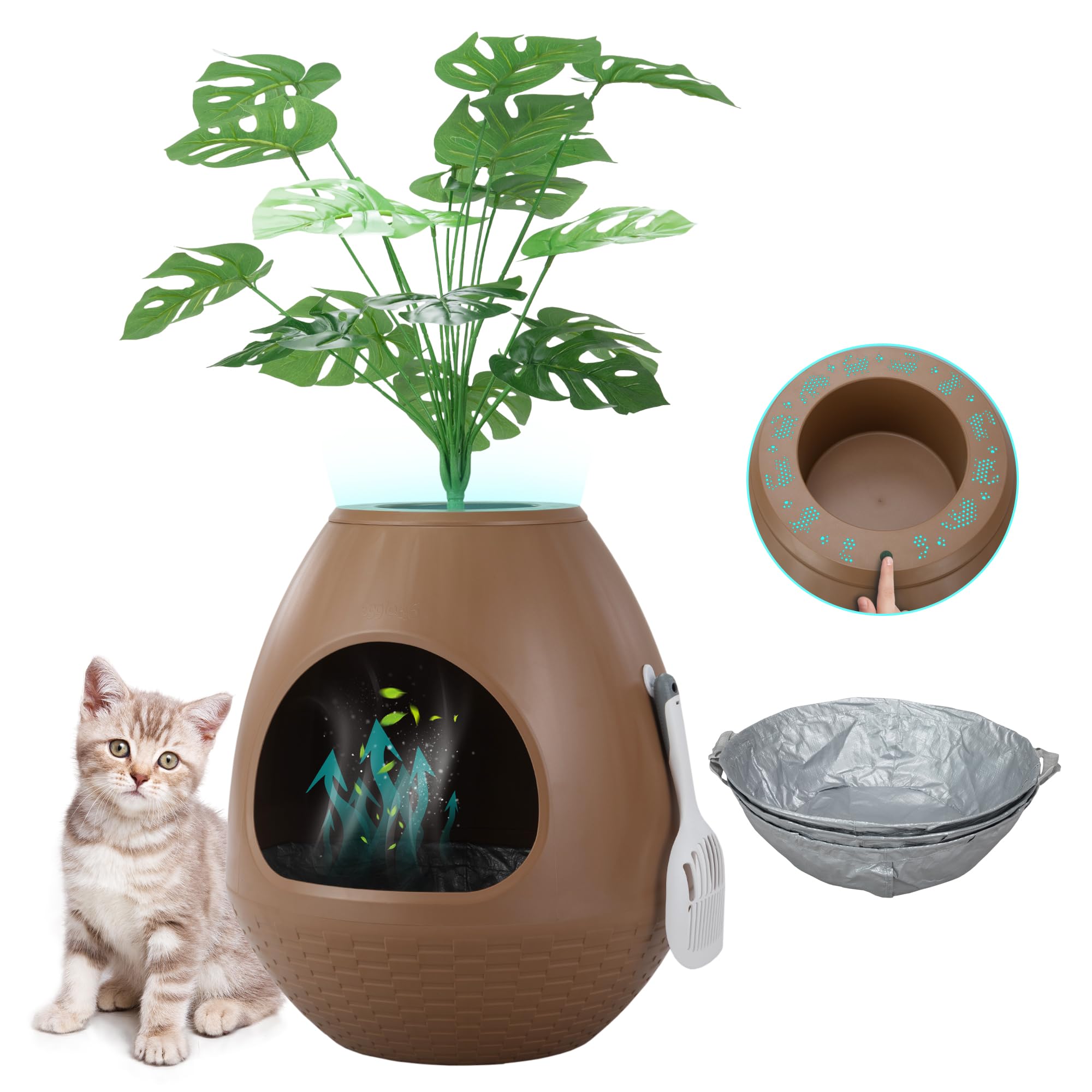 Eggloa6 Cat Litter Box Plant Enclosure - Secret Hidden Litter Box With Odor Removal Technology, Artificial Plants, And Scoop, Pe