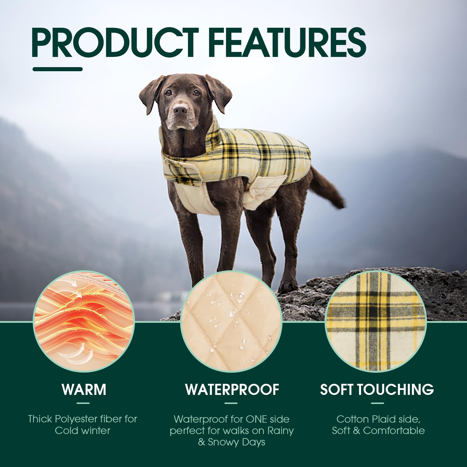 Kuoser Warm Dog Coat, Reversible Dog Jacket Waterproof Dog Winter Coat British Style Plaid Dog Clothes Pet Dog Cold Weather Coats Cozy Snow Jacket Vest For Small Medium Large Dogs Yellow 3Xl