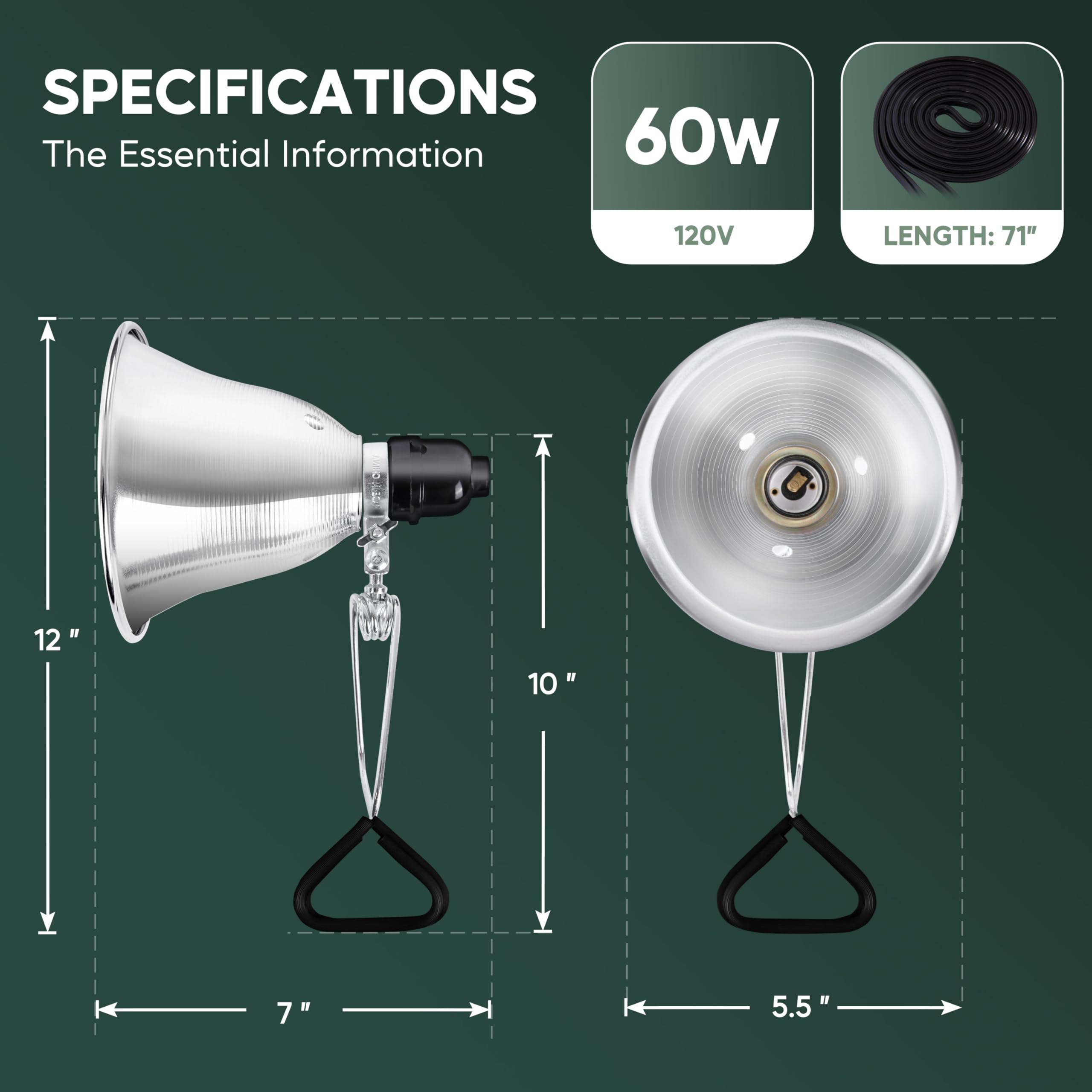 Healsmart 5.5'' Clamp Light Socket, 60-Watt Maximum With 6 Feet 18/2 Spt-2 Cord, Aluminum Reflector E26 (No Bulb Included), For