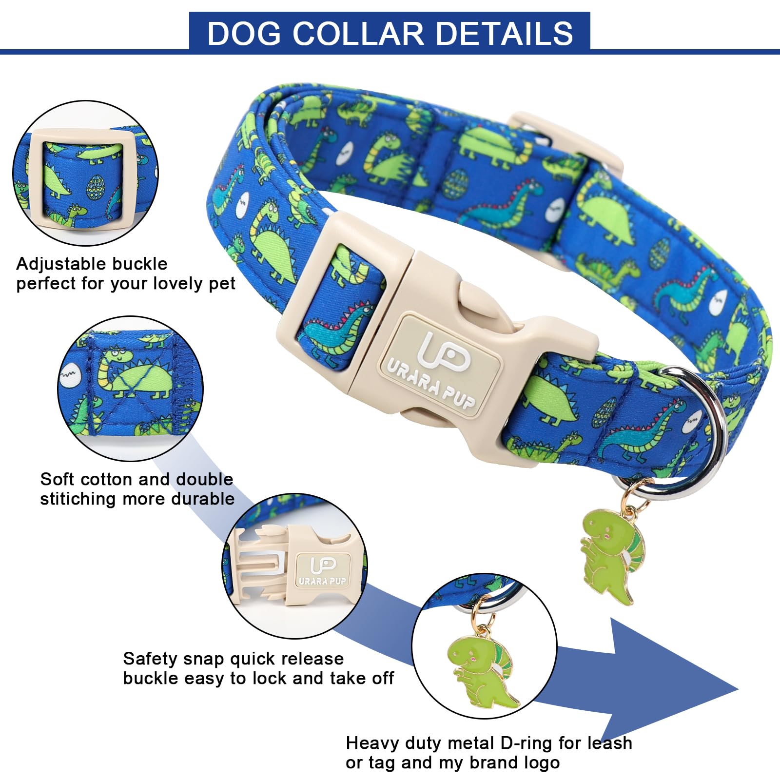 Up Urara Pup Summer Dog Collar-Dinosaur Dog Collars With Dino Eggs-Blue Summer Pet Dollar-Soft, Adjustable & Stylish For Small/M