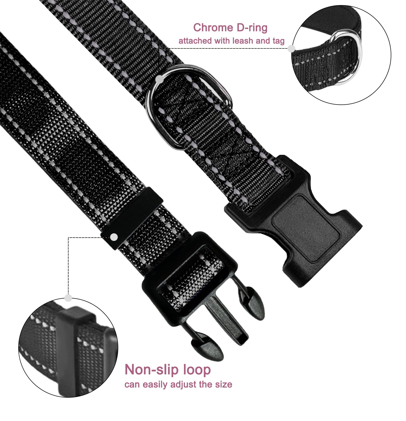 Large Dog Collar, Reflective Pet Collar With Buckle Adjustable Safety Nylon Collars For Small Medium Large Dogs, Black