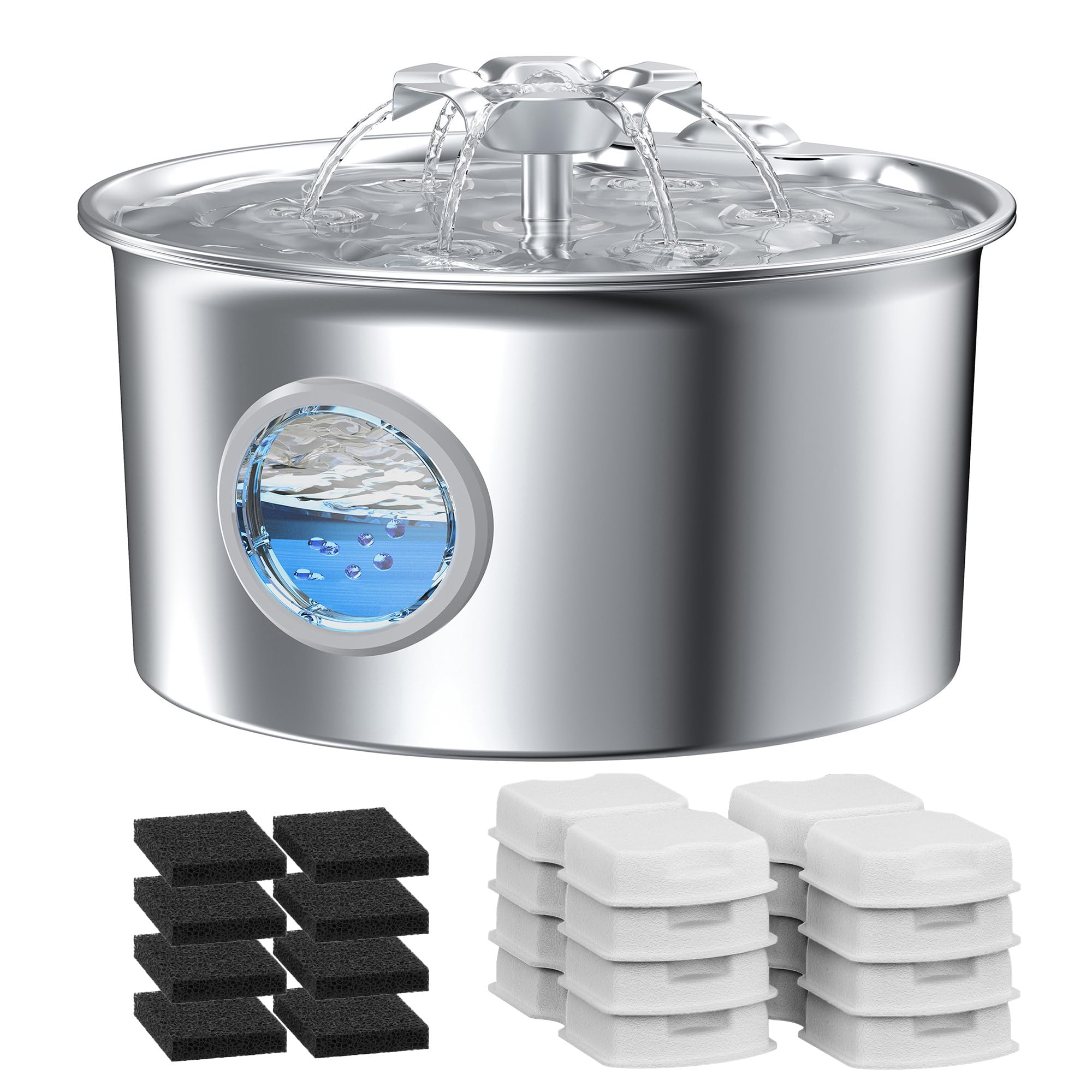 Cat Water Fountain Stainless Steel - 88oz/2.6L Pet Drinking Fountain for Cats Indoor with 8 Filters - Automatic Cat Watering Dis