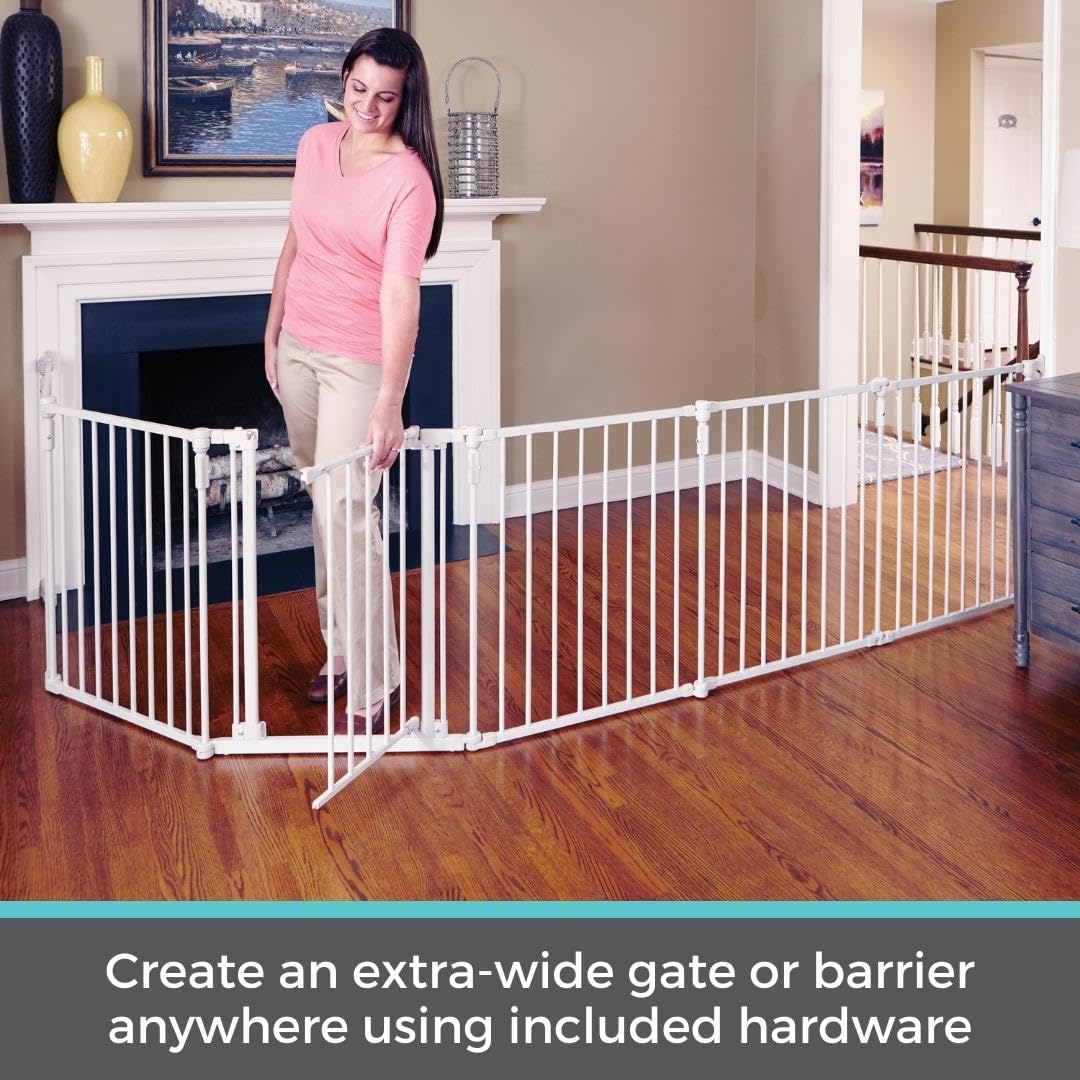 Toddleroo By North States 3 In 1 Metal Superyard 6 Panel Play Yard, Baby Gate, Playpen Or Extra Wide Baby Fence, 151' Wide. Wall Mount Kit Included. 10 Sq Ft Play Yard (30' Tall, Taupe)