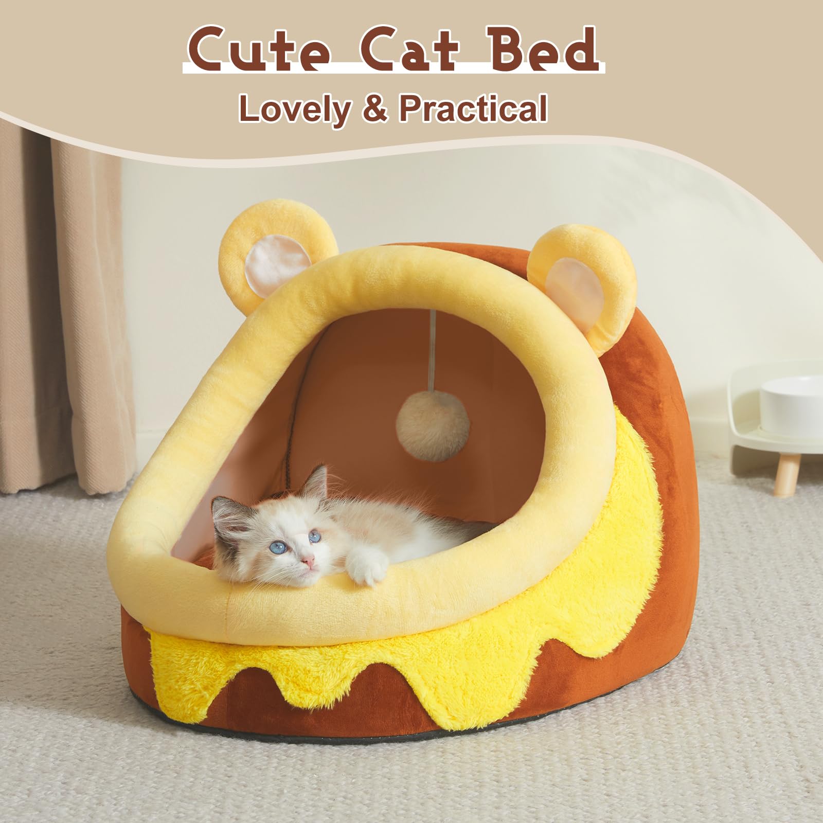 Jiupety Cute Cat Bed For Indoor Cats, Warm Soft Cave Fit For Cat Up To 16 Lb And Puppy, Honeypot, M