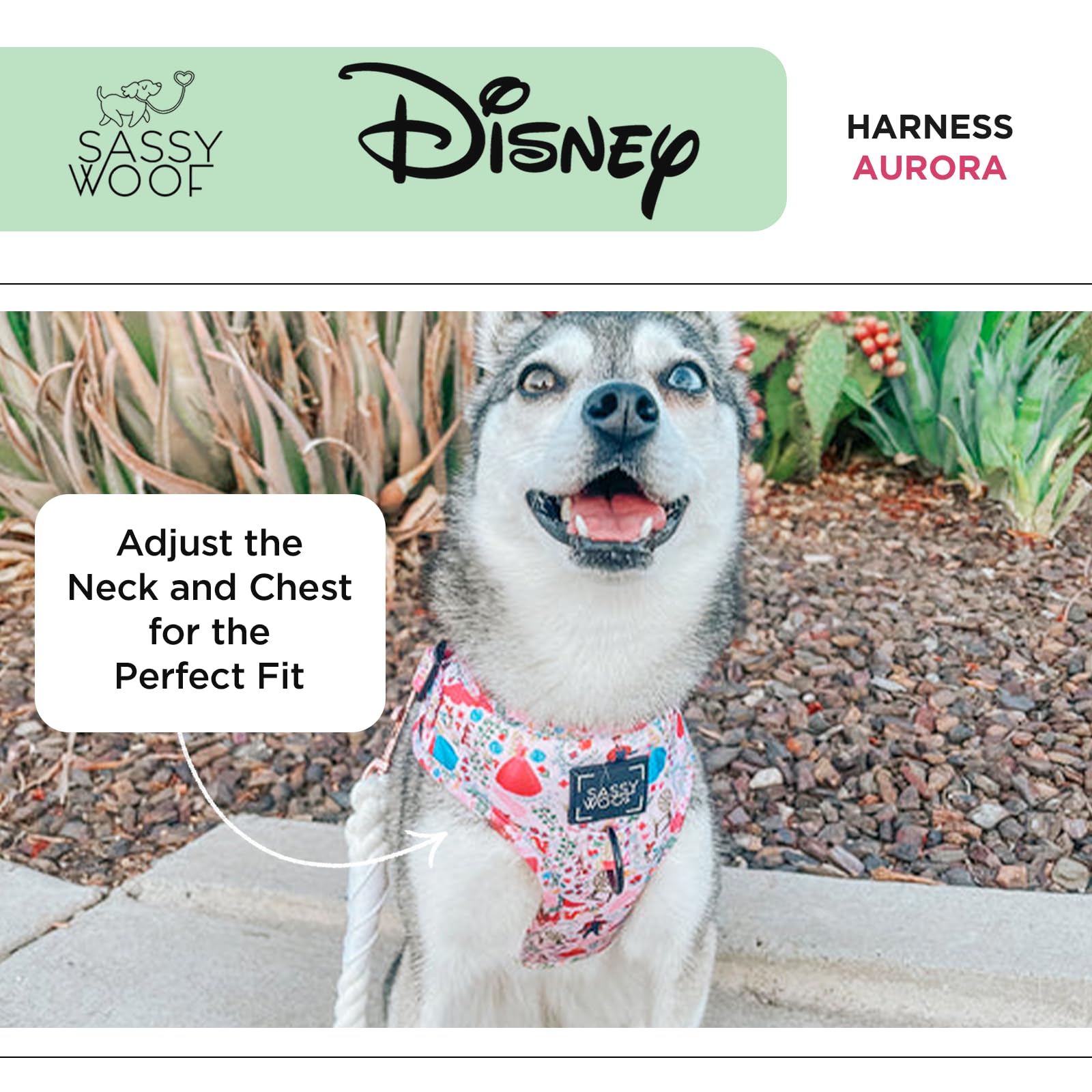 Sassy Woof Dog Adjustable Harness - Disney Princess Sleeping Beauty Aurora - Xl, Breathable Mesh, No Pull Design With Two D-Ring