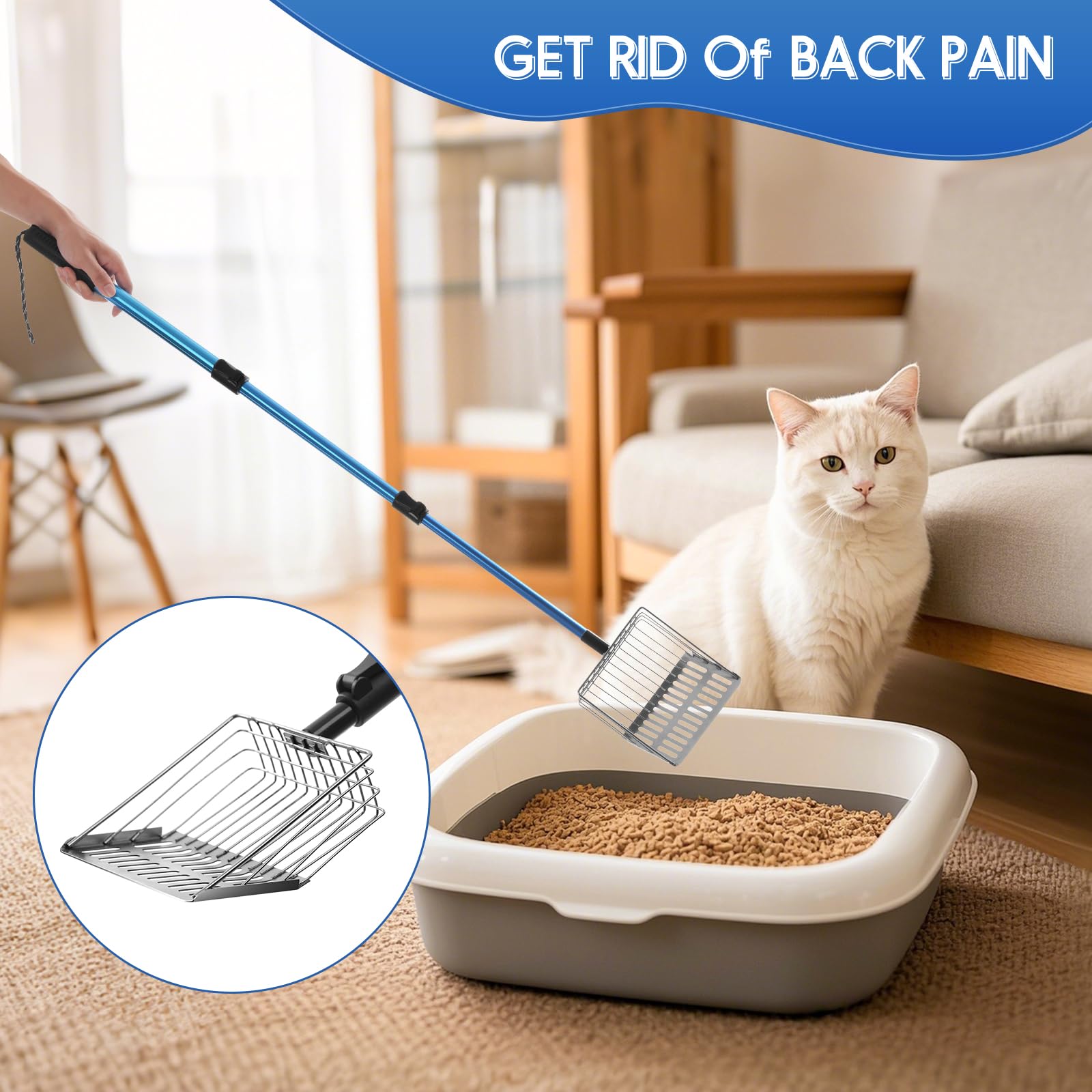 Polarduck Cat Litter Scoop Long Handle: 22''-40.5'' Extendable Metal Cat Poop Scooper With Deep Shovel For Litter Box Durable He