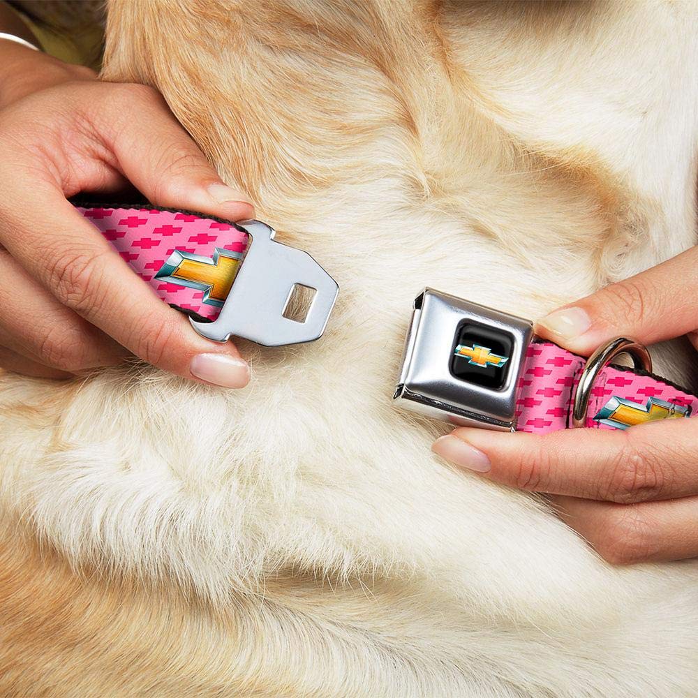 Buckle-Down Seatbelt Buckle Dog Collar - Chevy Gold Bowtie W/Logo Pink - 1' Wide - Fits 15-26' Neck - Large