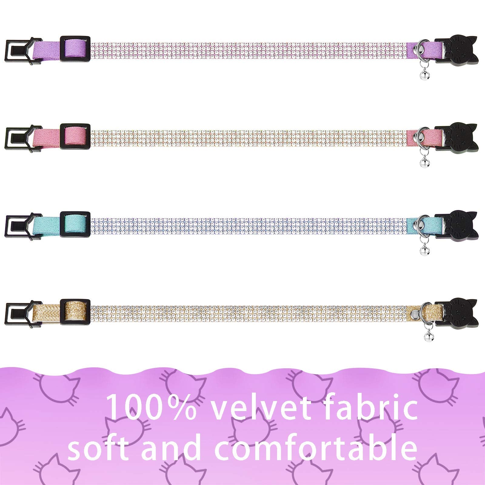 Weewooday 4 Pieces Rhinestones Cat Collars Breakaway Cat Collar With Bell Bling Pet Accessories With Soft Velvet, 4 Colors(S,Purple, Blue, Gold, Pink)