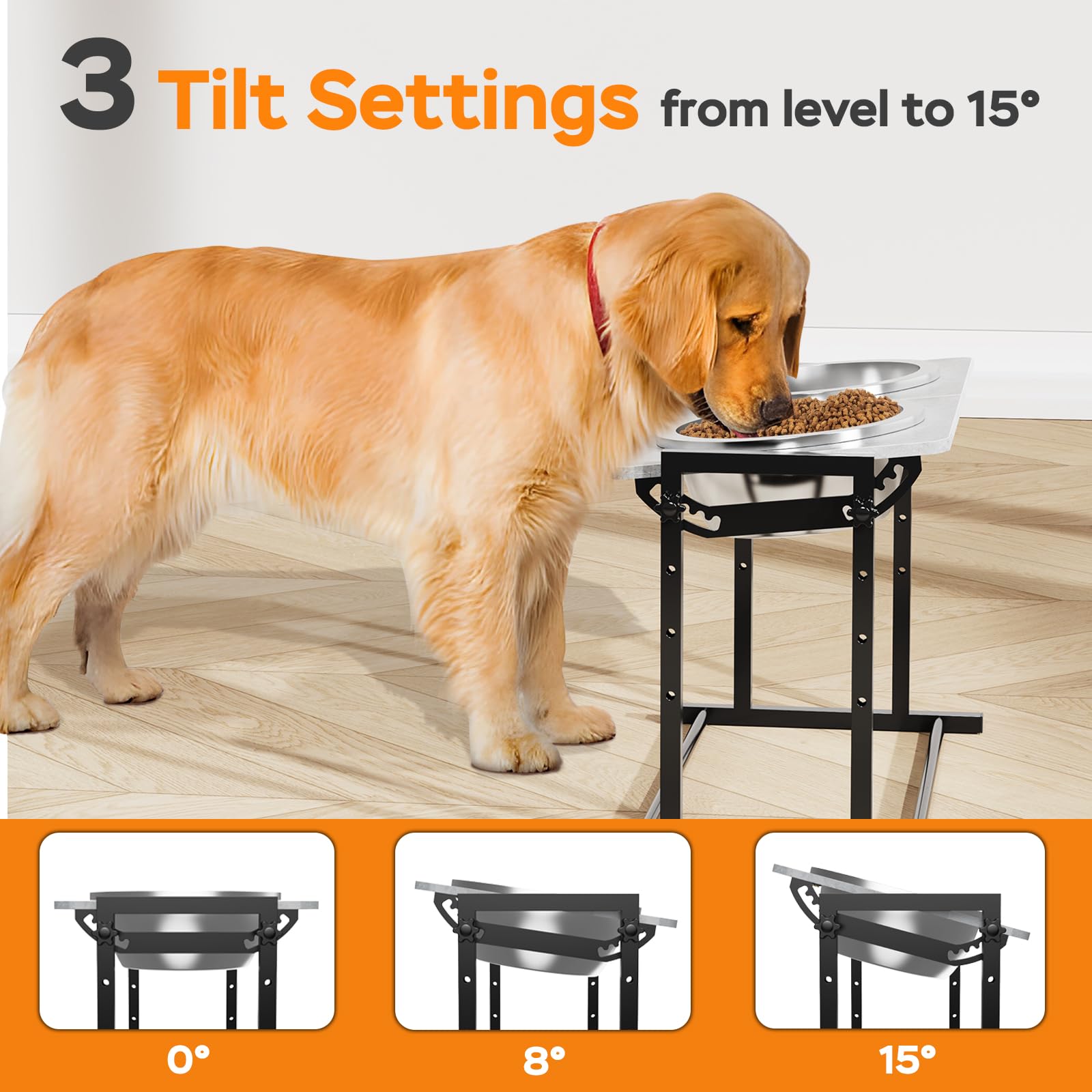 Elevated Dog Bowls For Large Dogs, 4 Height Adjustable Tilted Raised Dog Bowl Stand With 2 Stainless Steel 2L Bowls, 13.6'' Tall