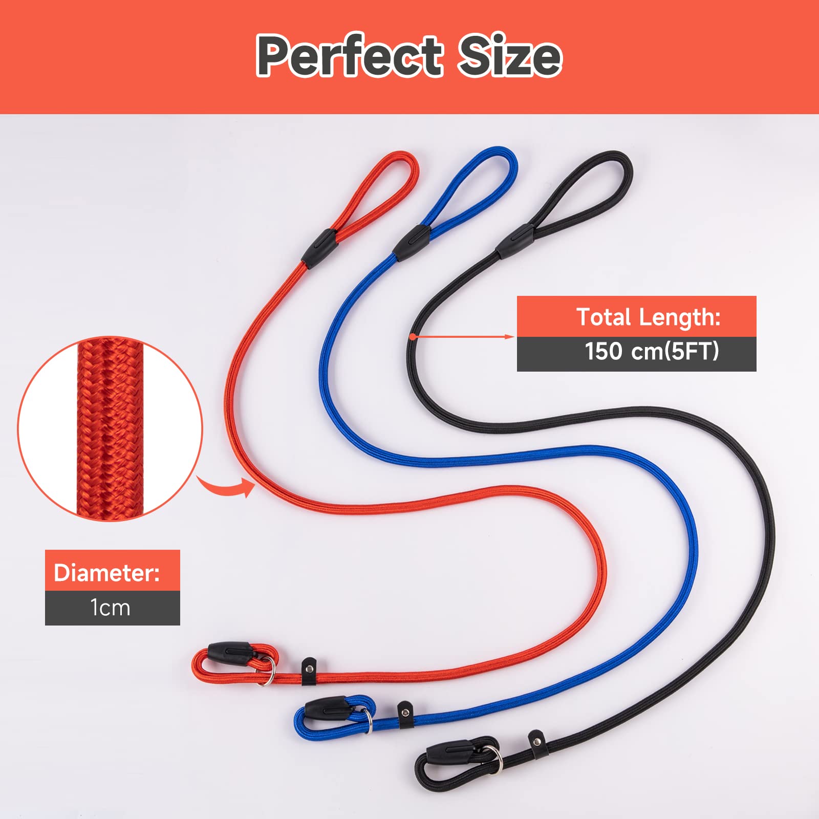 Fovrlzse 3-Pack Heavy-Duty Nylon Adjustable Slip Leads For Dogs - Red, Black, Blue - Adjustable, Durable & Night-Safe