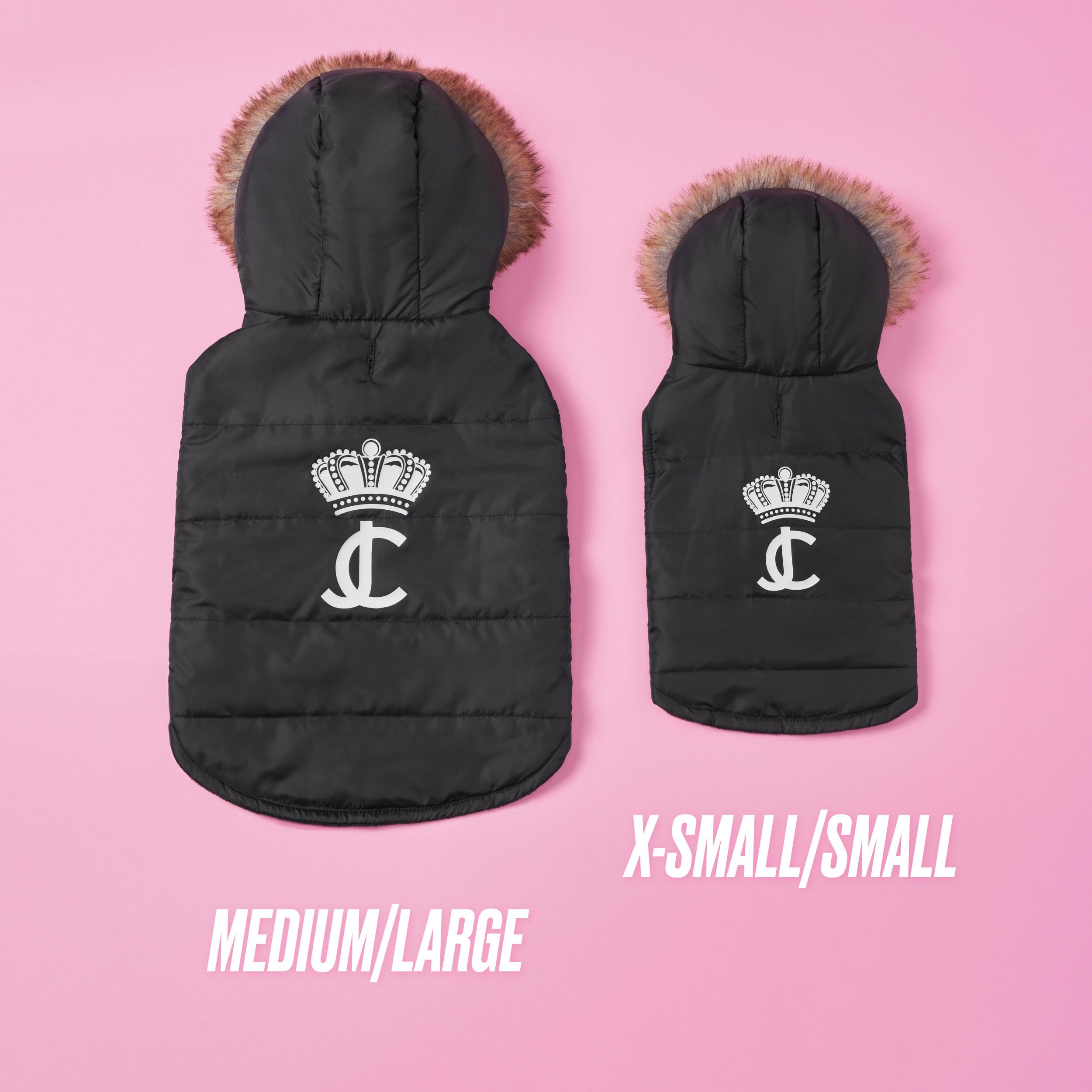 Juicy Couture Faux Fur Hooded Pet Jacket - XS/S - Black - Stylish & Cozy for Dogs and Cats