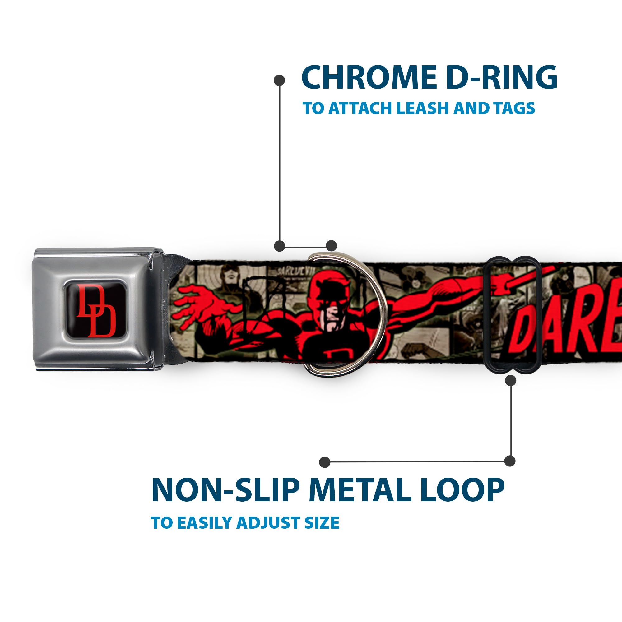Buckle-Down Seatbelt Buckle Dog Collar - Daredevil Action Poses/Comic Panels Grays/Red - 1'' Wide - Fits 15-26'' Neck - Large