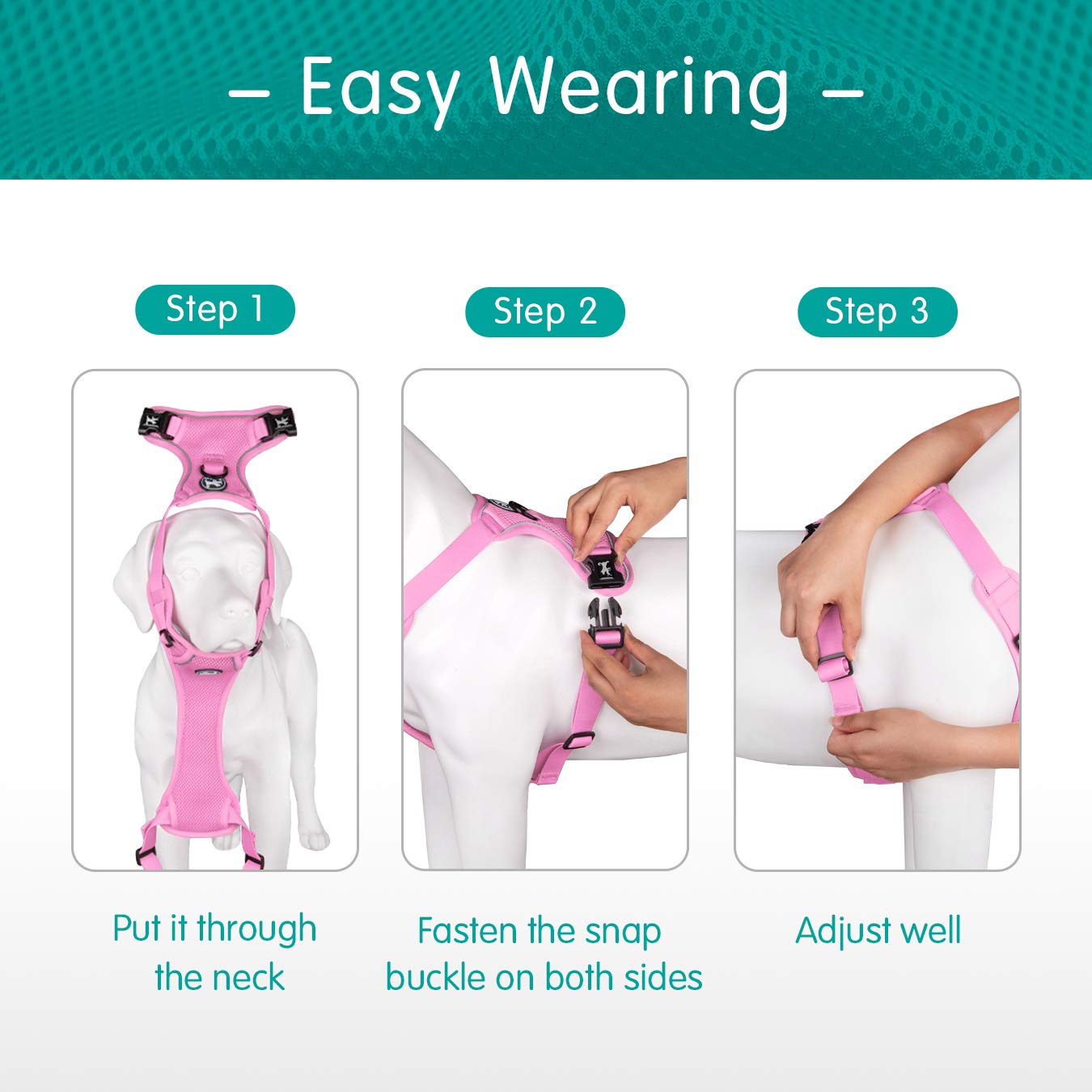 PoyPet Reflective Soft Breathable Mesh Dog Harness No Choke Double Padded Vest Adjustable(Light Pink,M)