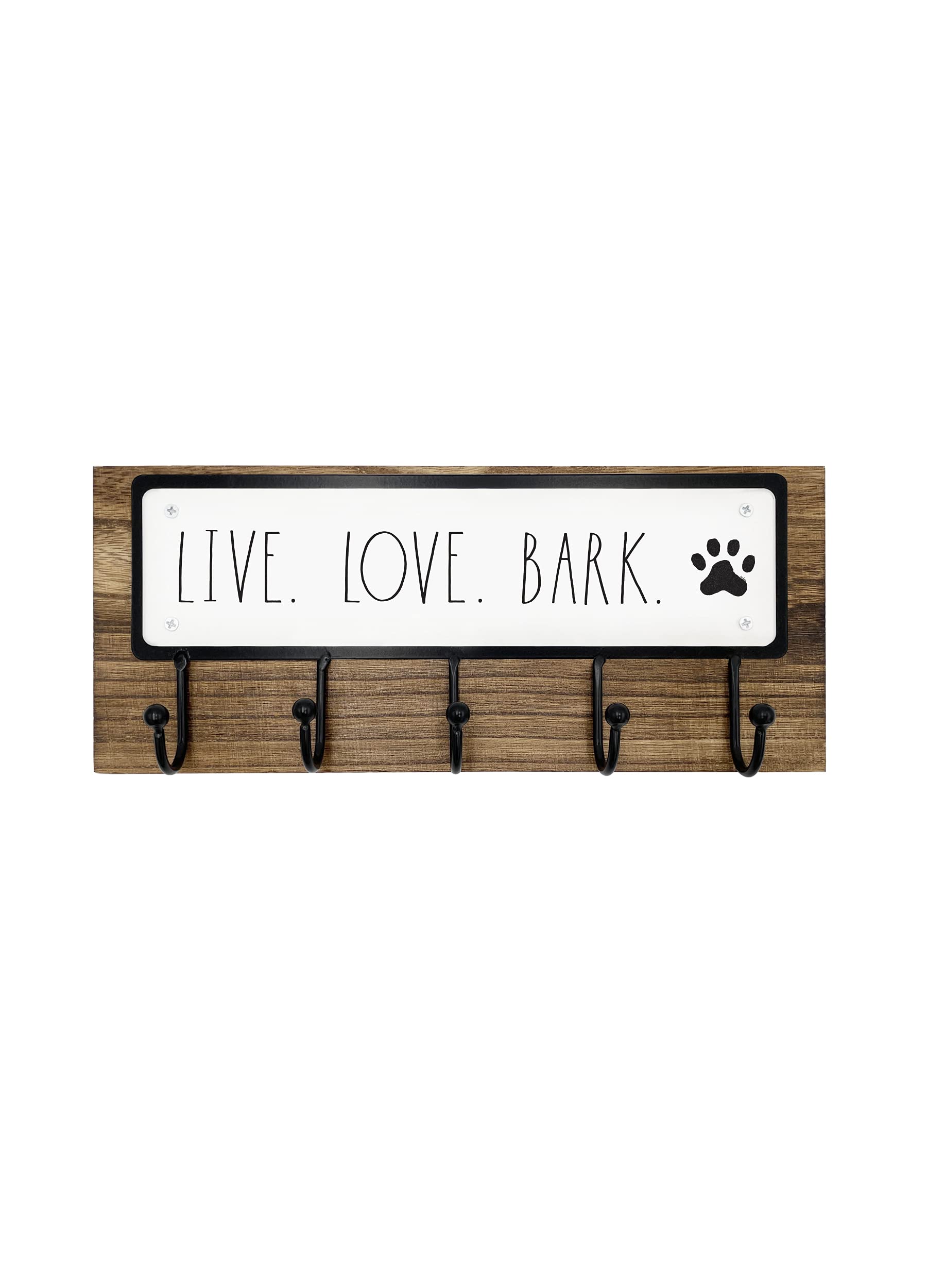 Rae Dunn Dog Leash Holder For Wall - Cute Dog Leash Hook Holder And Wall Mount Hanger Organizer For Pet Items, Keys, Collar And Leashes - Pet Themed Messages With Paw Print - Dark Wood