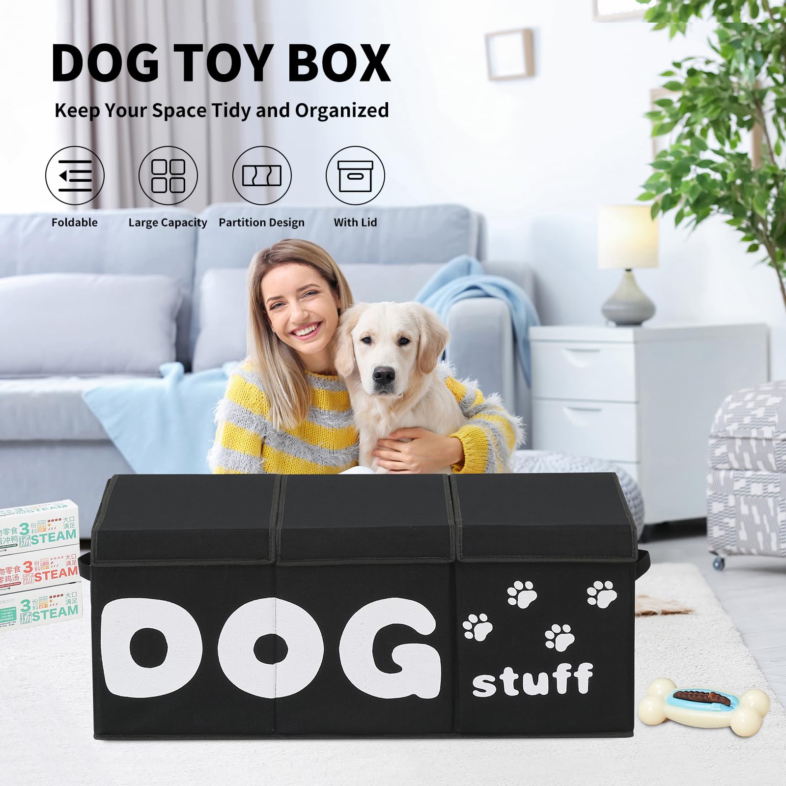 Qozary Dog Toy Storage Box - 3 Grids Large Dog Toy Basket And Storage Bin With Lid For Pet Supplies, Perfect To Keep Everything