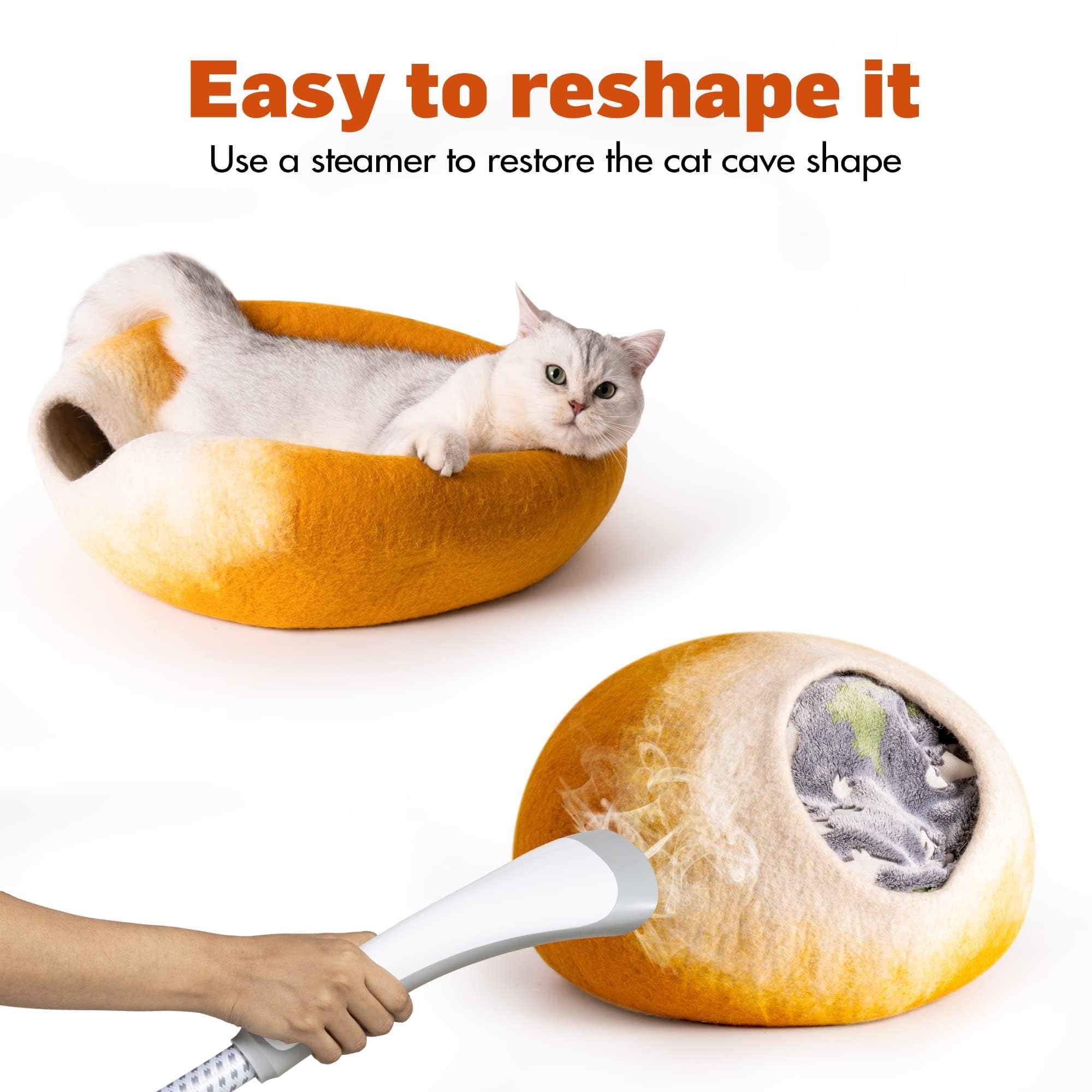 Cat Cave Bed -Handmade Wool Cat Bed Cave, Cat Bed Cat House, Felt Cat Caves For Indoor Cats And Kittens(Yellow/White)