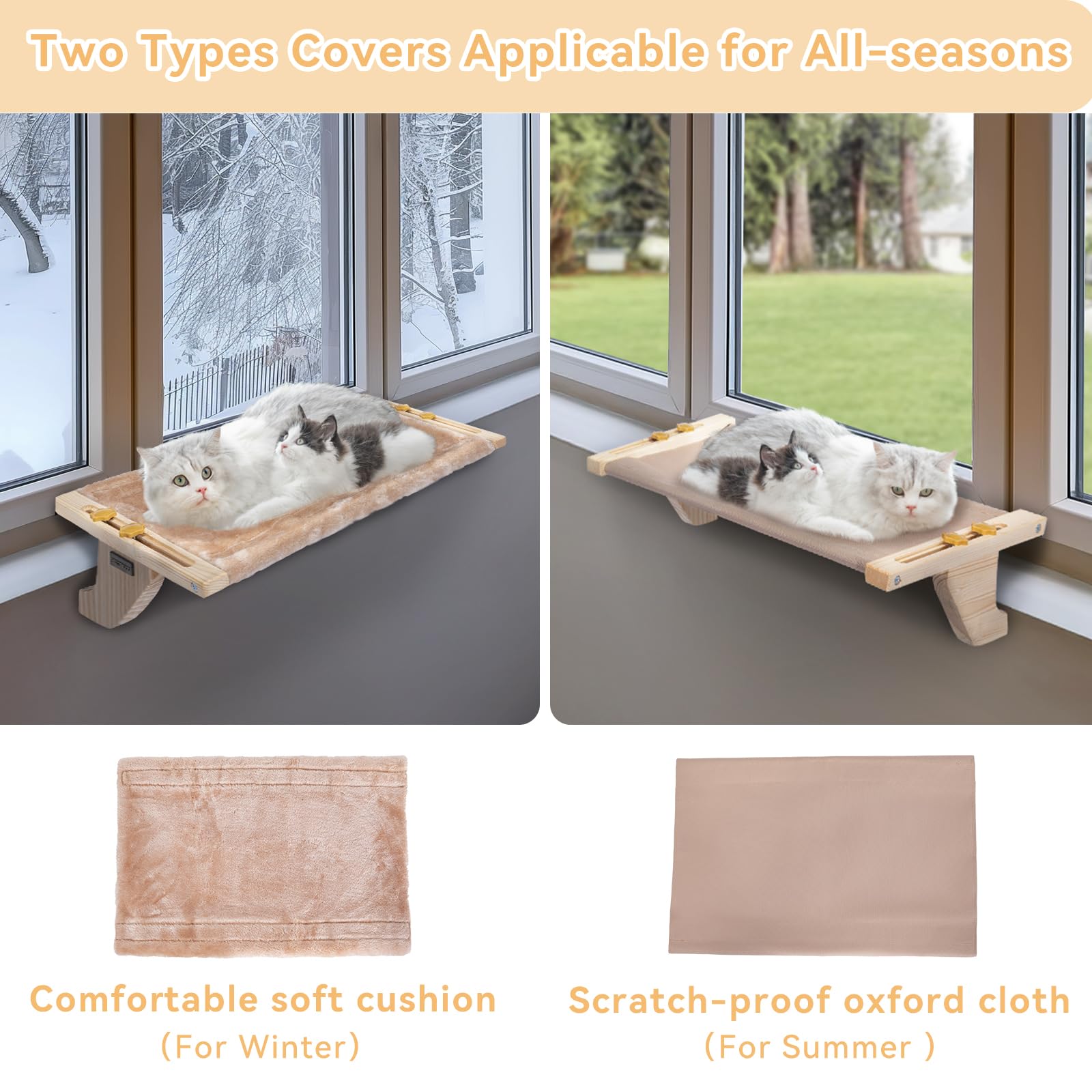 Petsfit Cat Window Perch, Hammock Window Seat With Solid Wood Support, Metal Frame & 2 Removable Pads, Easy To Adjust & Assemble