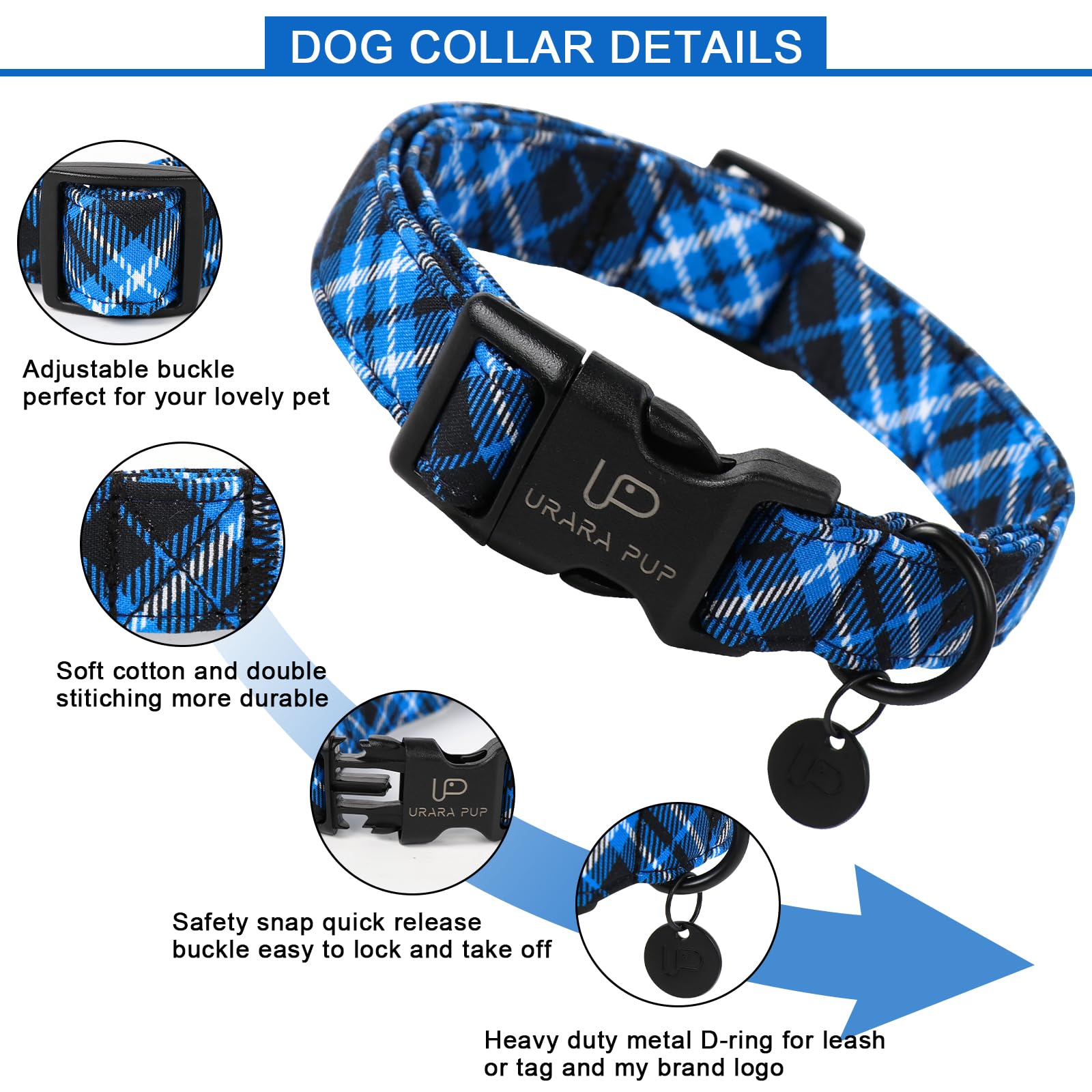 Up Urara Pup Autumn Cotton Dog Collar, Blue Plaid With Plastic Buckle, Adorable Pet Collar For Puppy, Cat Or Dog