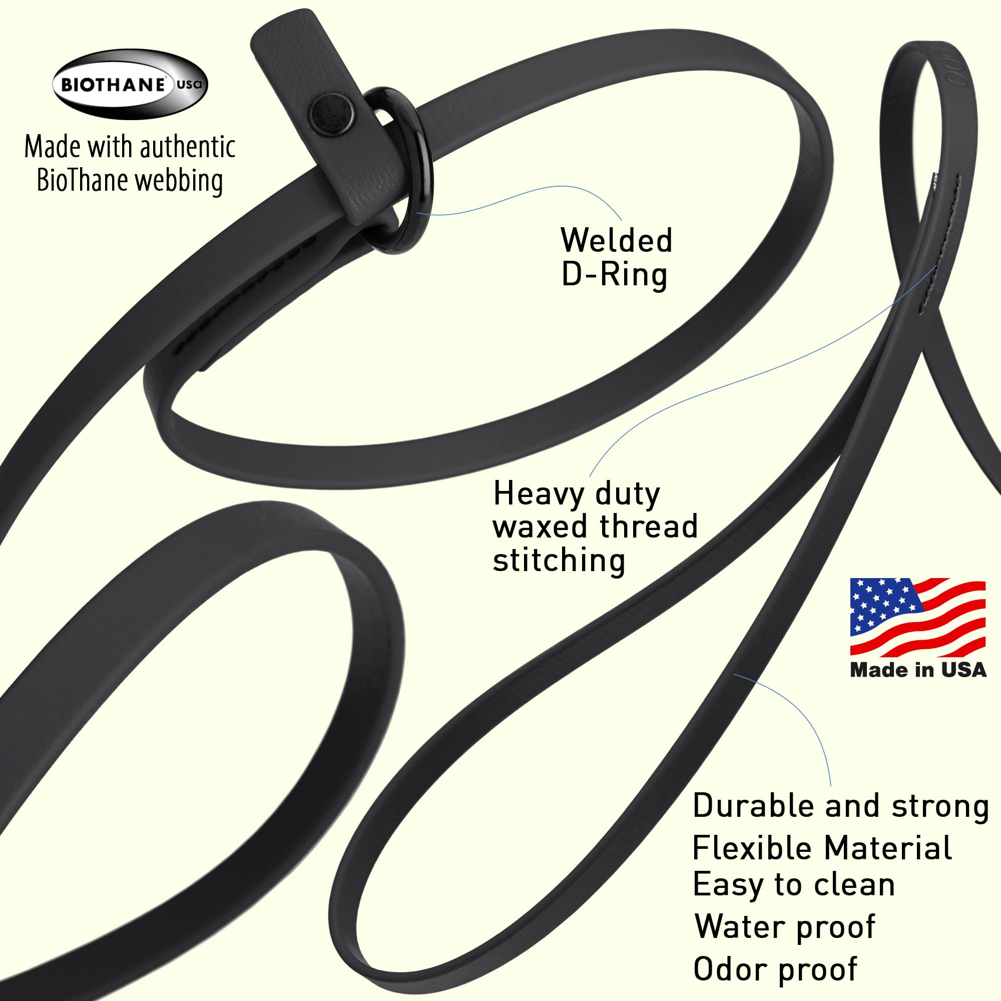 Dogline Biothane Slip Dog Leash - For Small, Medium And Large Dogs - Odor Free Slip Lead, Heavy Duty And Durable Material Kennel Lead - Black - 7Ft L X 1/2In W