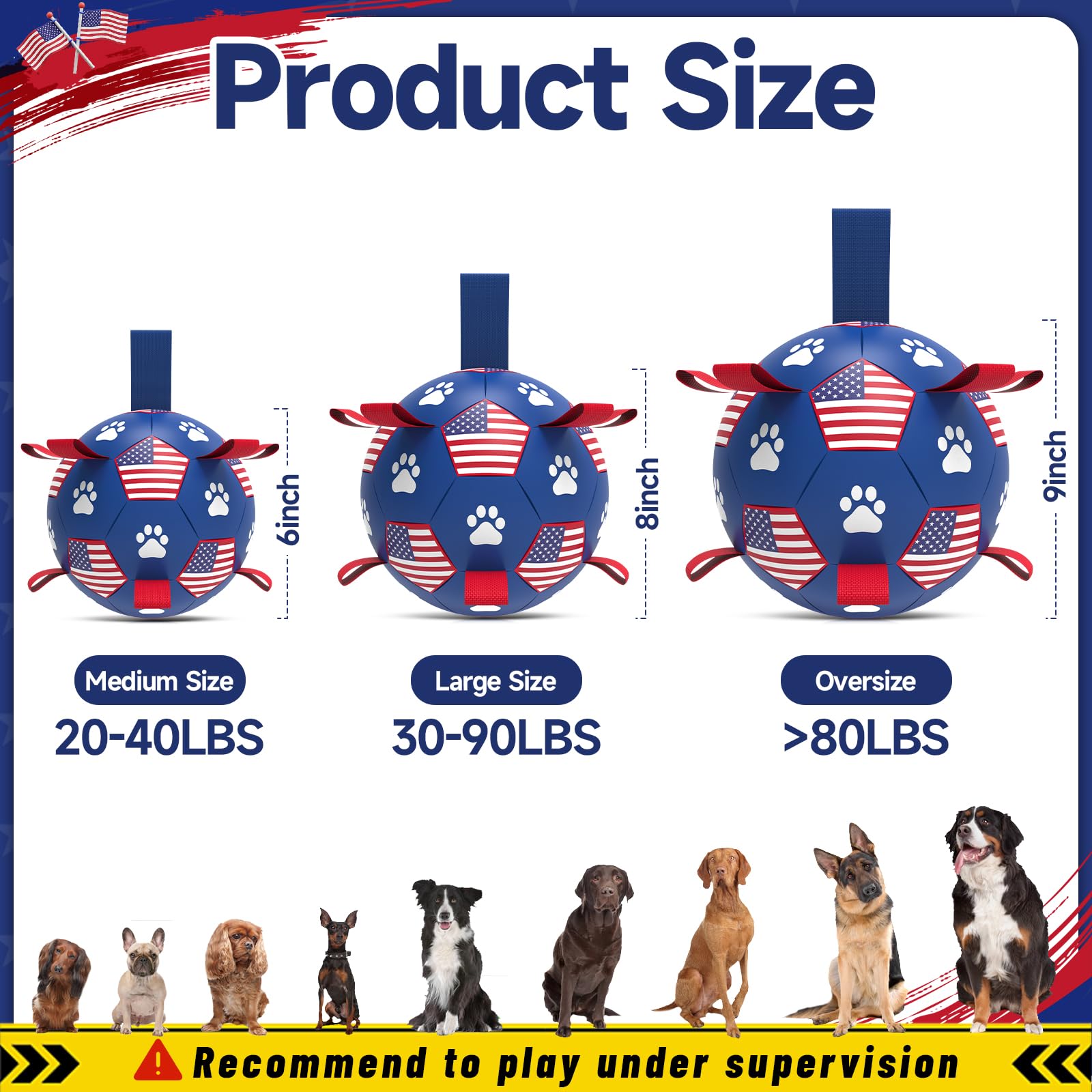 Qdan Dog Toys Soccer Ball With Straps - Durable Dog Balls For Extra Large Dogs, Beach Pool Dog Water Toy, Puppy Dog Birthday Gifts, Herding Balls For Dog (9 Inch), American Flag