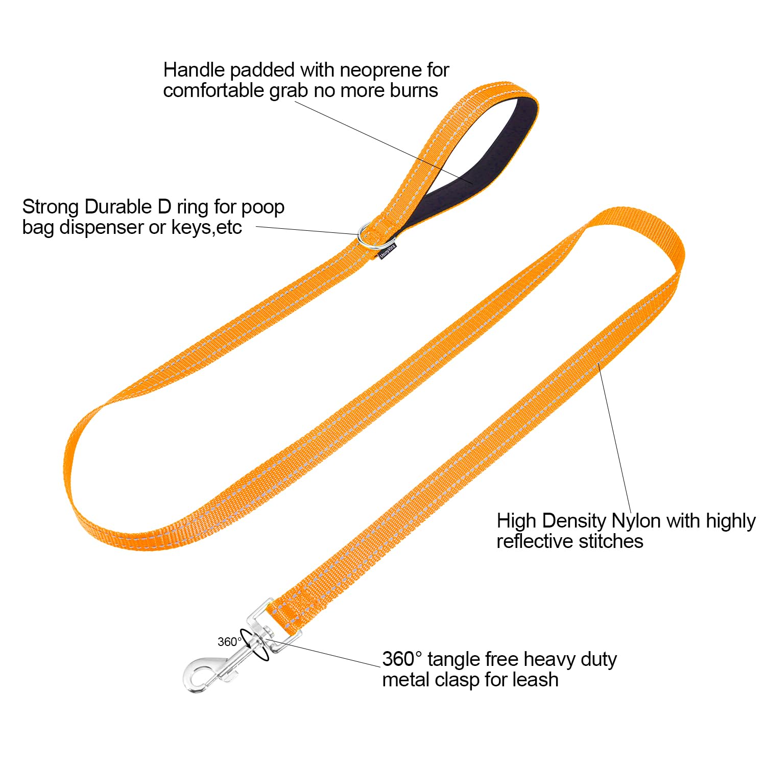Usunyvora Reflective Nylon Dog Leash For Walking,Strong Dog Leash With Padded Handle For Small And Medium Dogs,6 Ft,Orange