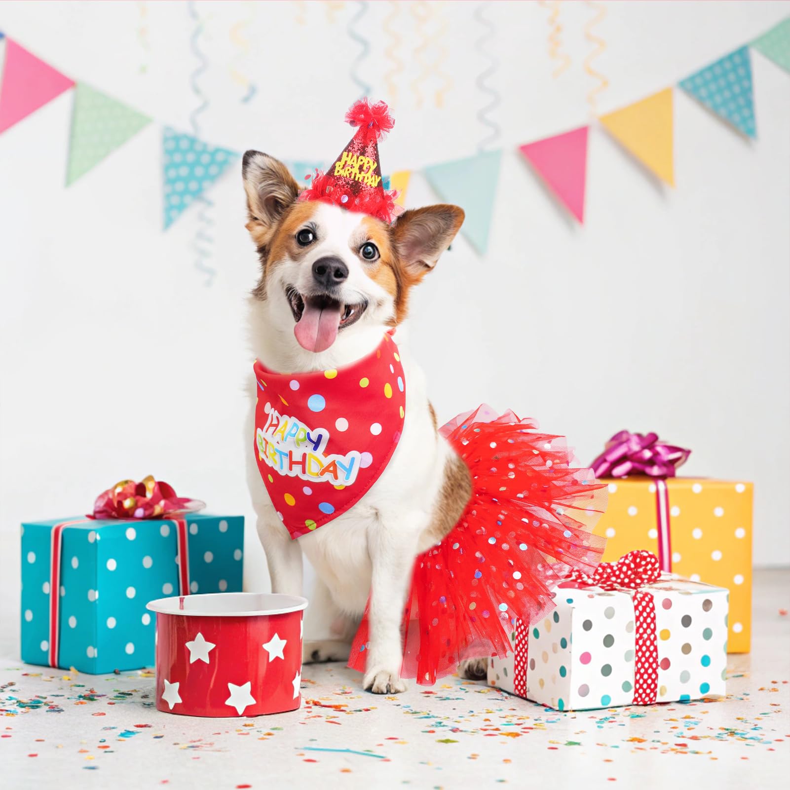 SCENEREAL Dog Birthday Bandana Set with Hat & Tutu Skirt, Red, Small Dogs, Polyester