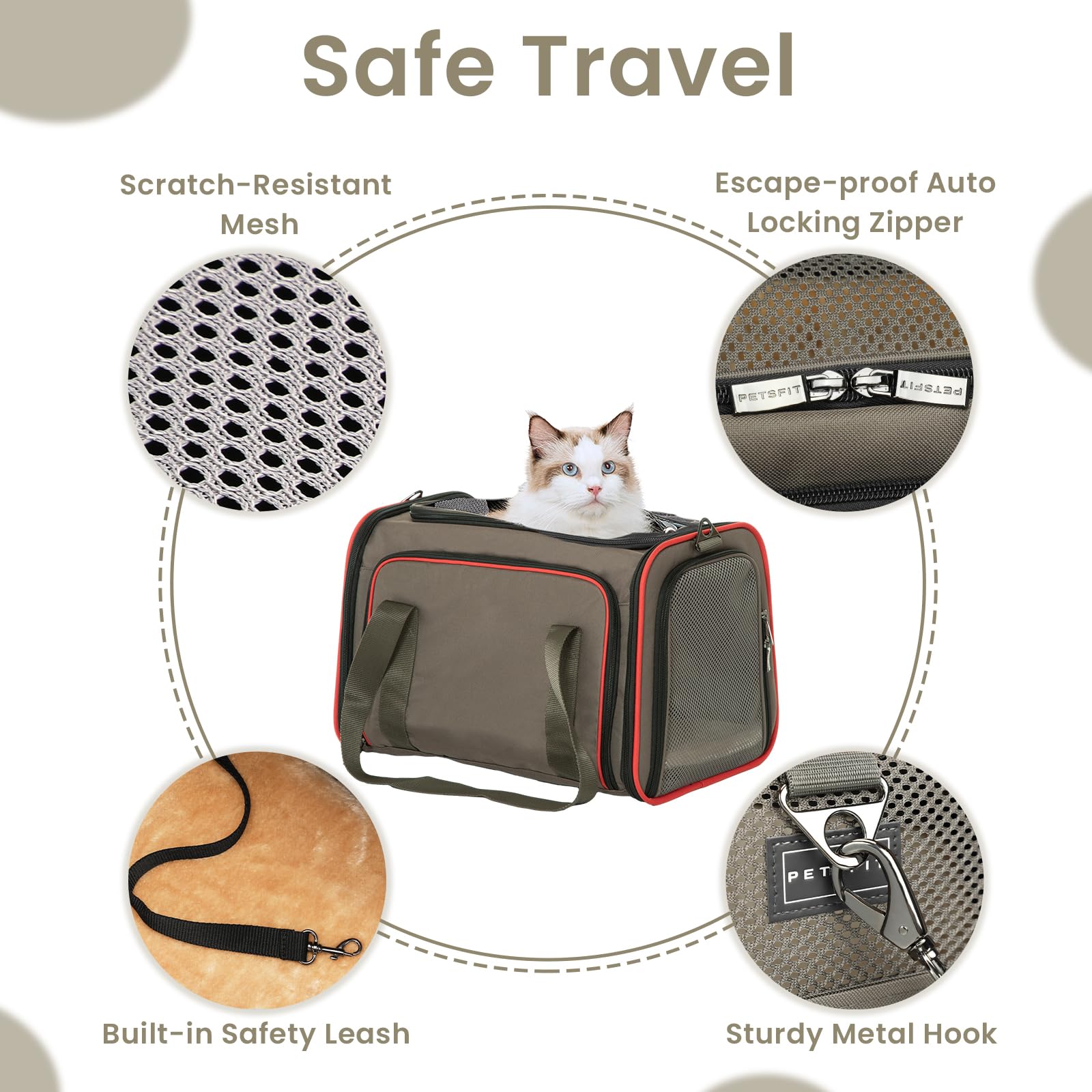 Petsfit Expandable Pet Carrier for 2 Cats, 19"x12"x12", Gray Brown, Soft Cushion, Safety Rope, Model 6734719