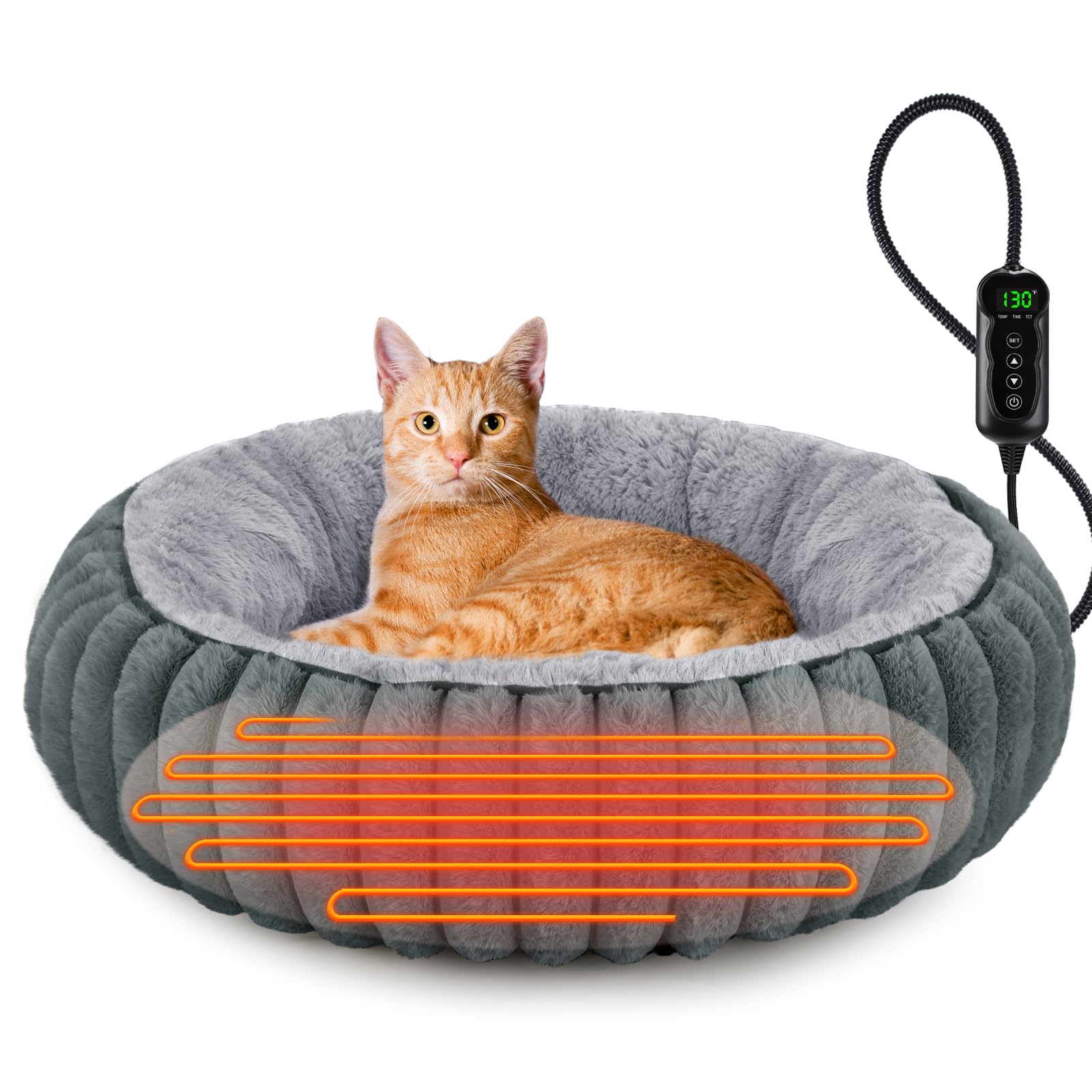 INVENHO Heated Cat Beds for Indoor Cats and Small Dogs, 20 Cozy Donut Heated Pet Bed with Timer & Temp Adjustable, Removable Wat