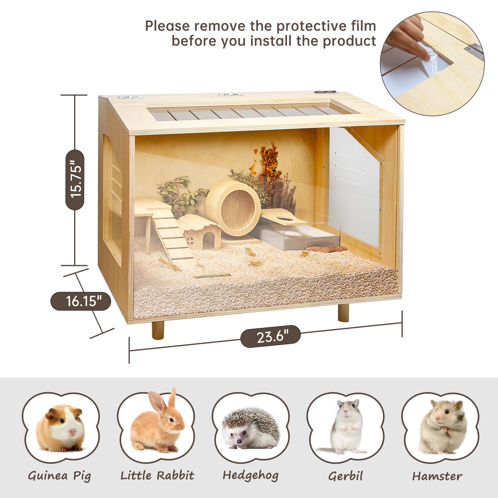 PEJOYT Wooden Hamster Cage, 24" Acrylic Small Animal Habitat, Open Top Design, Model PEJOYT16888