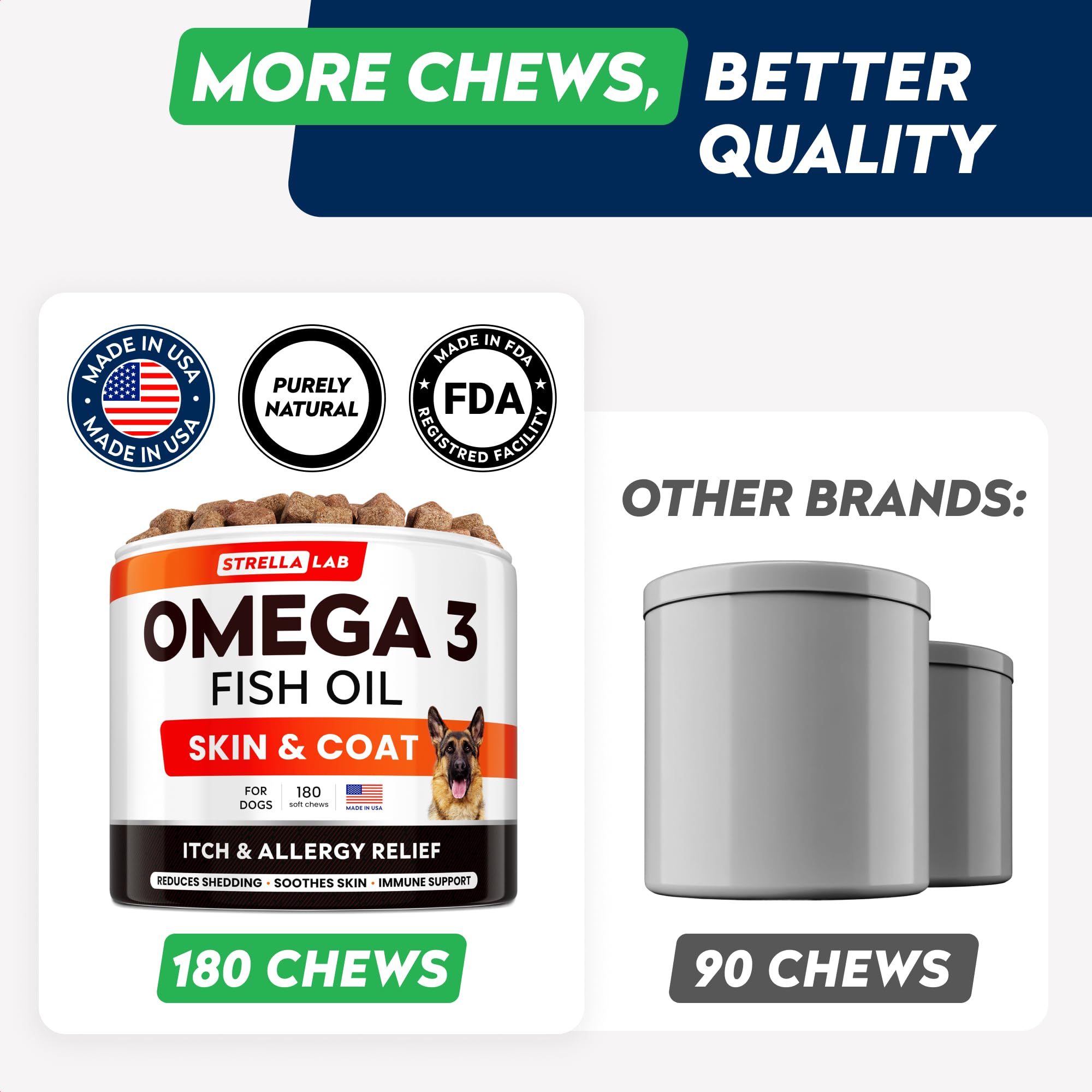 StrellaLab Fish Oil Omega 3 Treats for Dogs (180 Treats) - Allergy & Itch Relief - Skin & Coat Supplement - Joint Health - Wild