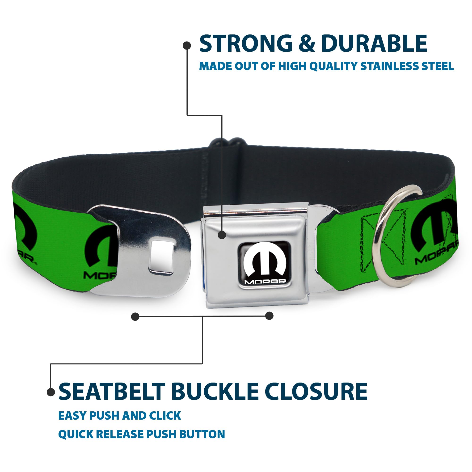 Buckle-Down Dog Collar Seatbelt Buckle Mopar Logo Repeat Green Black 15 To 26 Inches 1.0 Inch Wide, Multicolor, Dc-Wmp016-L