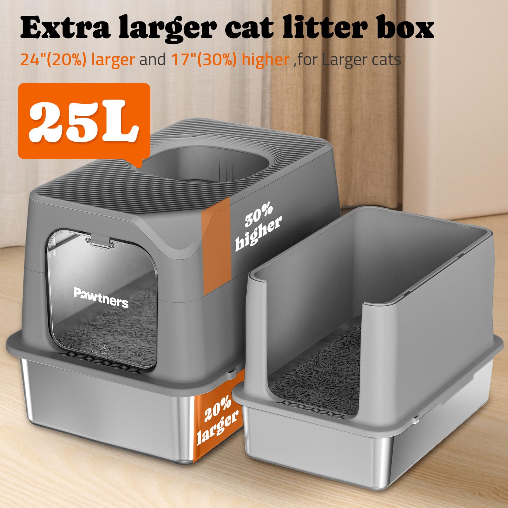 Pawtners Stainless Steel Cat Litter Box, Xl Extra Large Kitty Litter Pan, Front Entry Top Exit Hooded Metal Cat Toilet For Odor