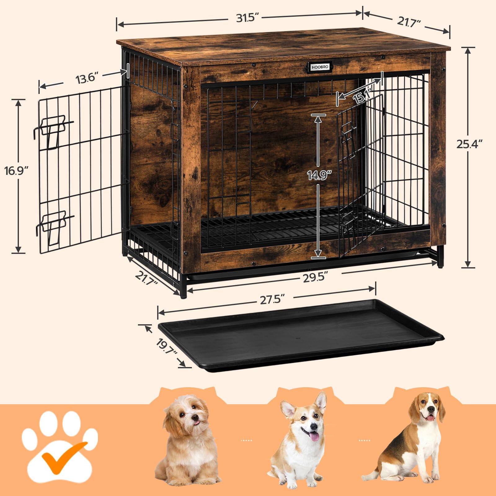 Hoobro Dog Crate Furniture, 32.5'' Medium Dog Kennel Indoor, Wooden Cage With Pull-Out Tray, Double Doors Pet House Side End Tab