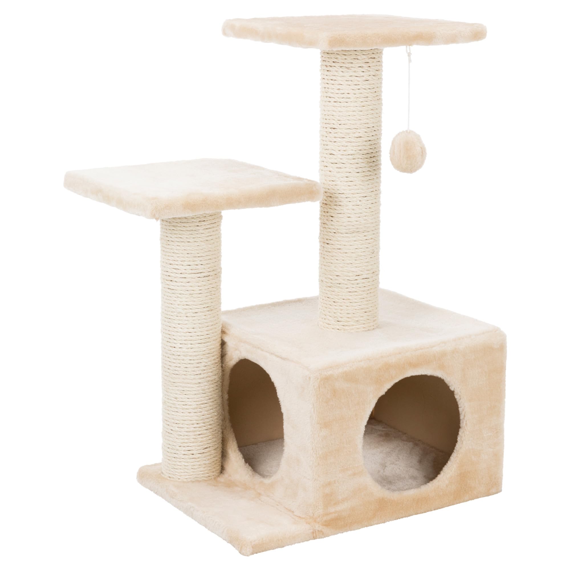 Trixie Valencia Scratching Post With Condo, Two Platforms, Dangling Cat Toy, Beige