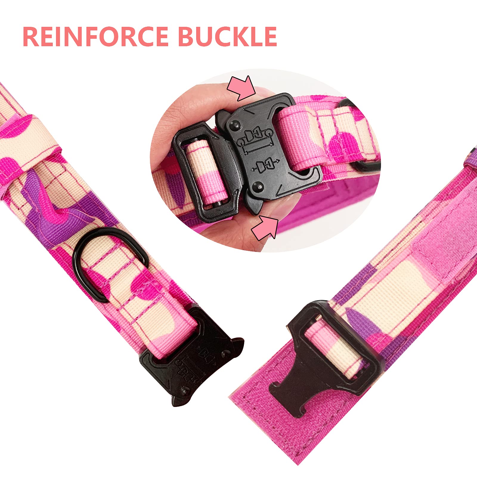 Tactical Dog Collar Military Dog Collar Adjustable Nylon Dog Collar Heavy Duty Metal Buckle With Handle For Dog Training (Pink Camo,Xl)