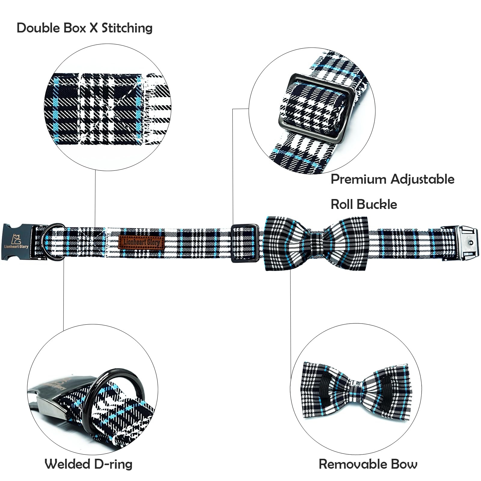 Lionheart Glory Dog Bow Collar Blue And Black Plaid Dog Collar For Small Dogs,Boy Dog Collars With Bowtie Spring Summer Collars